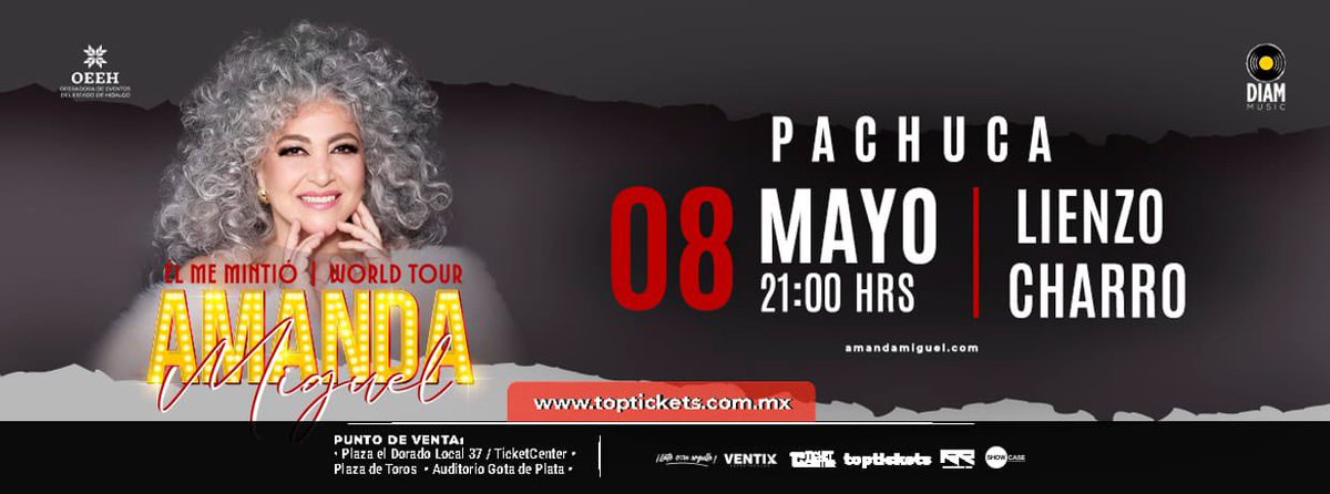 ¡AMANDA MIGUEL EN PACHUCA! 🤩✨️

Nos vemos el próximo 8 mayo, Lienzo Charro, 9:00 p.m.⏰️📍

Aquí en este enlace pueden adquirir sus boletos 🎫
👉🏻: ventas.toptickets.com.mx/c/6gcu3gxz

📍 Plaza de Toros Vicente Segura 
📍Auditorio Gota de Plata 
📍 TicketCenter, plaza el dorado.