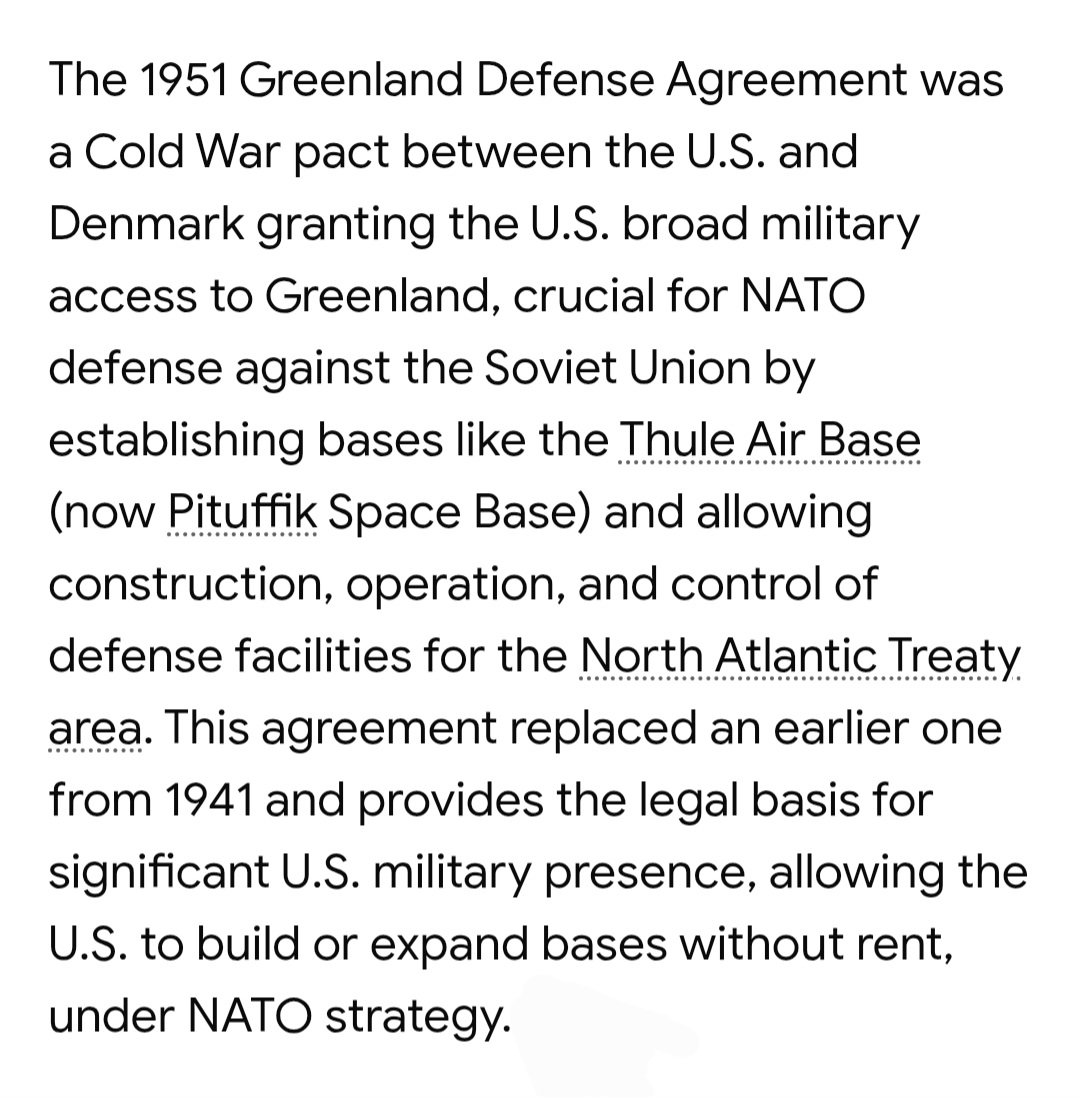 I guarantee you that Trump's amazing Greenland deal is the 1951 Greenland Defense Agreement, which allows us to build bases there as we see fit. It also authorizes troop deployments for training and defense missions. Clueless MAGA idiots will predictably echo his bullshit.