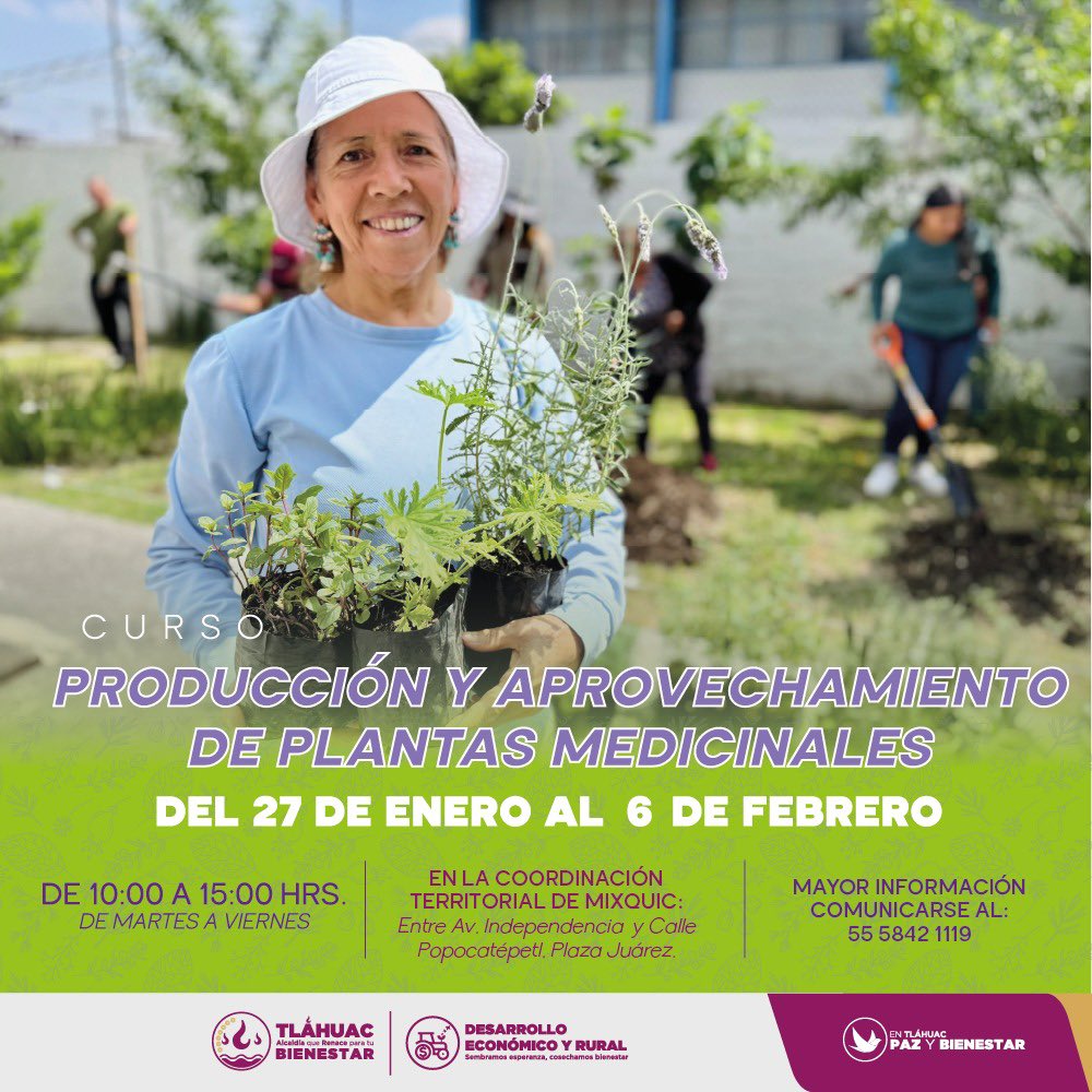 🙏🏻Te invitamos a participar en este gran curso de producción y aprovechamiento, de plantas medicinales, en la Coordinación Territorial de Mixquic; para mayores informes, marca al número: 5558421119.

¡Participa! 😃
Invita JUD de Capacitación y Agropecuaria