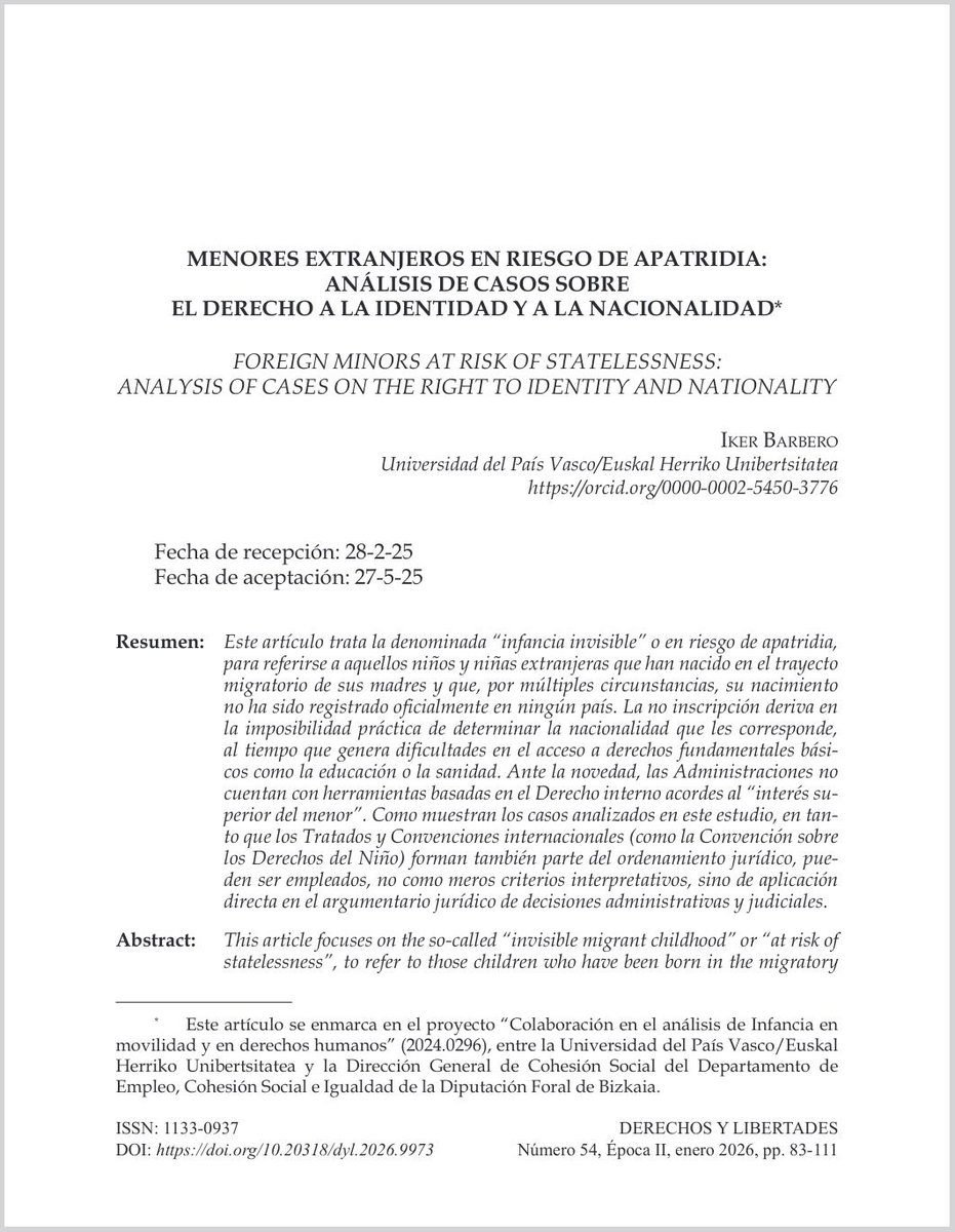 DeryLib's tweet image. 📘 #RevistaDerechosyLibertades Nº 54 (2026) @idhbc_uc3m @uc3m @dykinsonlibros

📣 Hoy en la sección #Artículos ✍🏼 “Menores extranjeros en riesgo de apatridia” de #IkerBarbero

⬇️ ¡Léelo aquí! ⬇️ #OpenAccess
🔗 doi.org/10.20318/dyl.2…