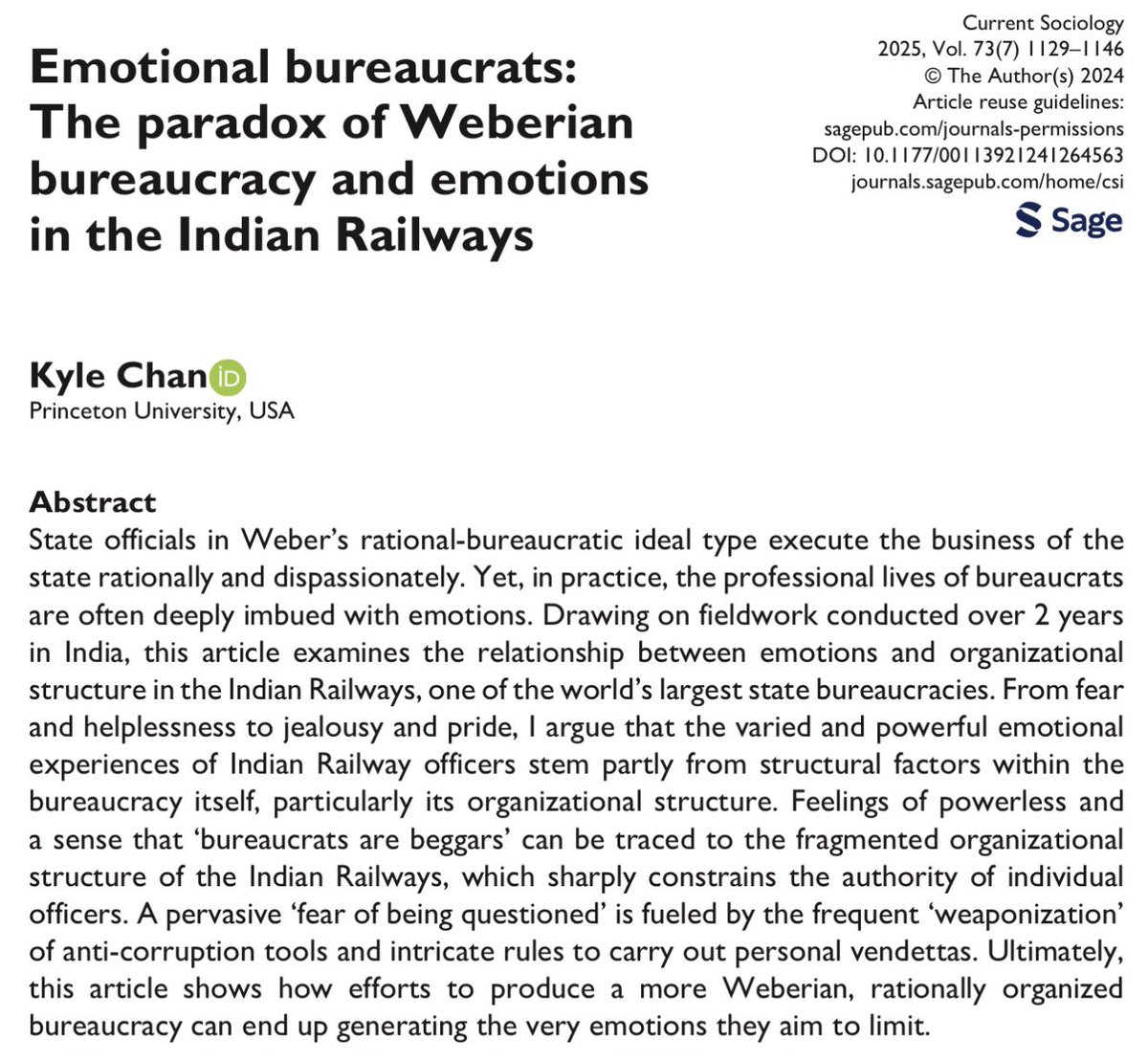 kyleichan's tweet image. I just found out my article in the journal Current Sociology has been shortlisted for the best paper of the year award.

It’s about how rules and regulations designed to make the Indian Railways more effective actually make it harder to get things done.