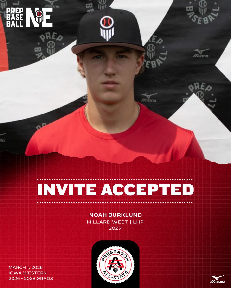 PrepBaseballNE's tweet photo. #𝗡𝗘𝗣𝗔𝗦𝟮𝟲: 𝗜𝗻𝘃𝗶𝘁𝗲 𝗔𝗰𝗰𝗲𝗽𝘁𝗲𝗱 ✅

𝗣𝗿𝗼𝘀𝗽𝗲𝗰𝘁: Noah Burklund
𝗖𝗹𝗮𝘀𝘀: 2027
𝗛𝗦: Millard West
𝗣����𝗦: LHP
𝗦𝘁𝗮𝘁𝗲 𝗥𝗮𝗻𝗸: 83

👤: https://t.co/74huz60DrW l @NoahBurklund23

𝚁𝚎𝚚𝚞𝚎𝚜𝚝 𝚈𝚘𝚞𝚛 𝙸𝚗𝚟𝚒𝚝𝚎
https://t.co/lI4xNOjn4K https://t.co/OICJgs9BWq