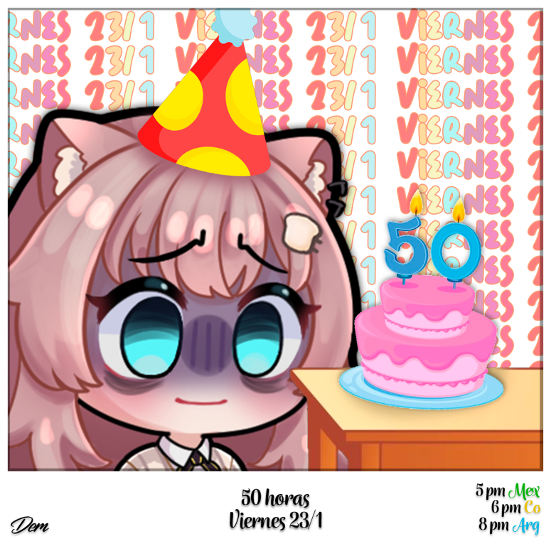 ¡Están cordialmente invitados a mi aniversario de 50 meses de strim! 🎂🎉

☆ Lugar: Twitch
☆ Opcional: Bañarse
☆ Obligatorio: Llevar regalos