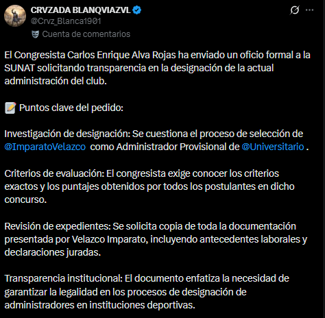 007Richard's tweet photo. La Cortina de Humo y el Error de Cálculo: ¿Por qué atacan hoy a la (U)?
En el mundo empresarial así como en politica, las coincidencias no existen; existen las estrategias de gestión de crisis. Y lo que estamos viendo esta semana no es casualidad. Justo cuando el Congresista @kikeAlvaRojas envía un oficio "urgente" a la @SUNATOficial pidiendo investigar la administración de Universitario, al otro lado de la vereda se está gestando un fracaso comercial histórico.

Hablemos claro, cada vez que a Alianza Lima le salen mal los números, activan el botón de pánico llamado "Atacar a la (U)".

Analicemos esto con frialdad financiera. Se cometió un error de Cálculo del Punto de Equilibrio. Traer a un equipo como el Inter Miami tiene un costo fijo altísimo. El año pasado, Universitario solventó ese costo gracias a las Economías de Escala: el Estadio Monumental, con sus 80,000 almas, permite diluir el costo de la entrada y generar utilidades porque tiene muchisimo más volumen de venta que Matute.

¿Qué pasó en La Victoria? Al tener un estadio pequeño (Matute no es escenario para eventos talla mundial por su aforo reducido), intentaron compensar la falta de butacas subiendo el precio de las entradas a niveles estratosféricos. Rompieron la elasticidad de la demanda. ¿El resultado? El mercado los castigó. Las entradas no se vendieron.

Hoy, a días del evento, vemos lo que en marketing llamamos "desesperación de inventario": rematar entradas con 40% de descuento. Eso no es una promoción; es la admisión pública de que la estrategia fracasó. Es un papelón internacional recibir a Messi con tribunas vacías o regaladas.

Aquí es donde entra la política. Ante el inminente desastre de una Noche Blanquiazul a medio llenar y con pérdidas financieras, necesitaban desviar la atención del hincha. ¿La solución? Mover sus fichas en el Congreso.

Antes usaban a Gremco y la narrativa de la "Ley del Perro Muerto" para tapar sus malos resultados deportivos o su propio sobreendeudamiento (con tasas de interés del Fondo Blanquiazul superiores al mercado, como bien sabemos). Hoy, utilizan a congresistas títeres para solicitar oficios a la SUNAT sobre la administración de la (U) ademas de solicitar información a @MigracionesPe sobre el proceso de nacionalización de Riveros y Di Benedetto, buscando generar ruido mediático.

Es una Cortina de Humo de manual. Mientras el hincha blanquiazul debería estar pidiendo explicaciones de por qué su club se endeuda mal y planifica peor, le dan un "dulce" atacando al compadre para que miren a otro lado.

No se equivoquen. La diferencia entre ambas instituciones hoy no es solo futbolística, es de Modelo de Negocio. Mientras la (U) mete 80,000 personas y genera ingresos reales por taquilla masiva, al frente tienen que rematar su producto porque no entendieron que un estadio de barrio no aguanta precios de Champions League.

Que sigan mandando oficios. Nosotros seguiremos llenando el Monumental.

#YdaleU