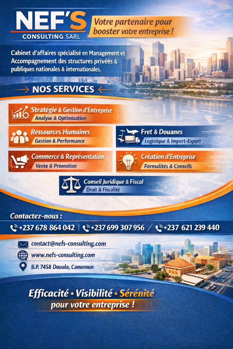 NdjockChristian's tweet photo. Nous offrons une large gamme de prestations :
- Services de consulting
- Représentation/ Formation
- Création d'entreprise
- Assistance juridique &amp; fiscale
- Conseil &amp; management d'entreprises/organisations sociales
- Import-export
- Communication événementielle
- Accompagnement https://t.co/Aqq2FmEa6g