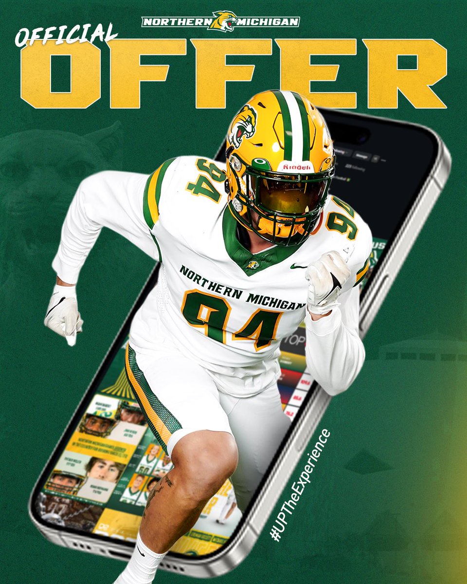 After a great call with <a href="/NMUCoachJanus/">Matt Janus</a>  I’m glad to have received an official offer from NMU!
<a href="/NMU_Football/">NMU Football</a> 
<a href="/Coach_Redders/">John Redders</a> 
<a href="/HUHS_Football/">Hartford Football</a>