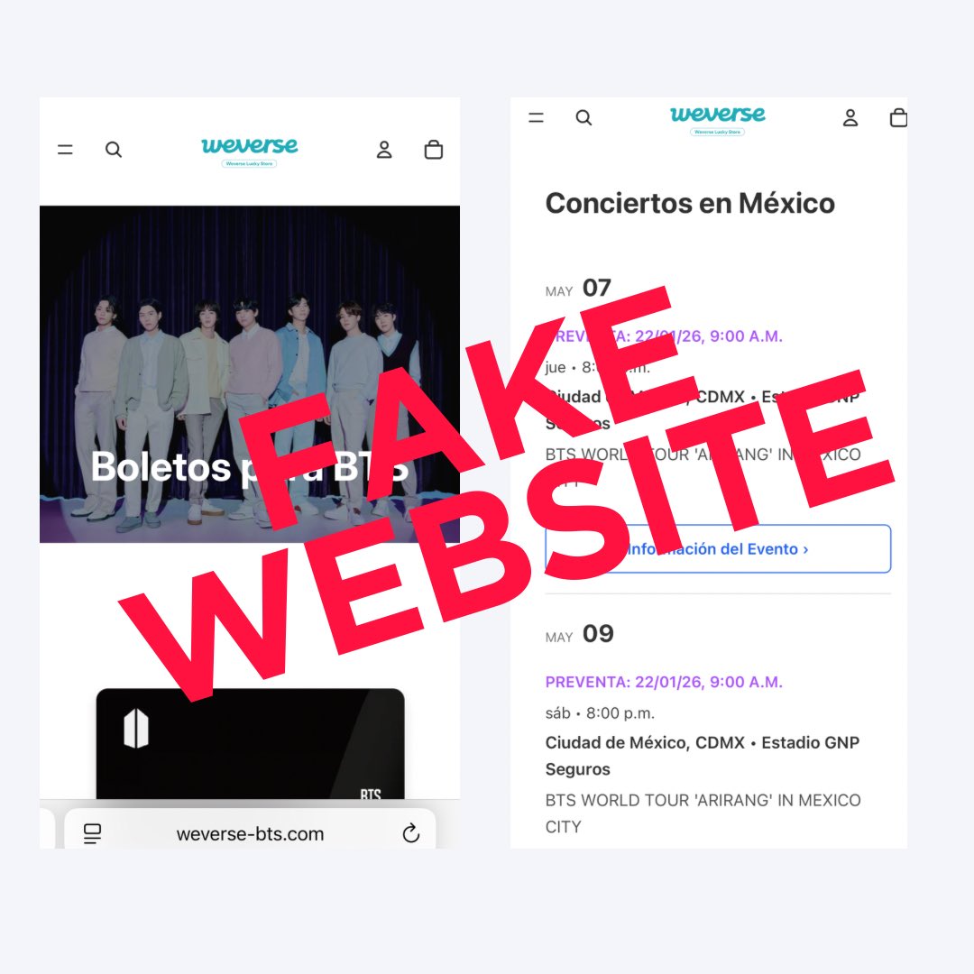mxcharts's tweet image. 🚨 URGENTE REPORTE MASIVO 🚨

Se ha creado un falso sitio de ‘Weverse’ donde actualmente se venden membresías y boletos falsos para los conciertos en México ¡Solicitamos su  apoyo reportando! 

Reportar al sitio de HYBE:
protect.hybecorp.com

Borrador de reporte:…