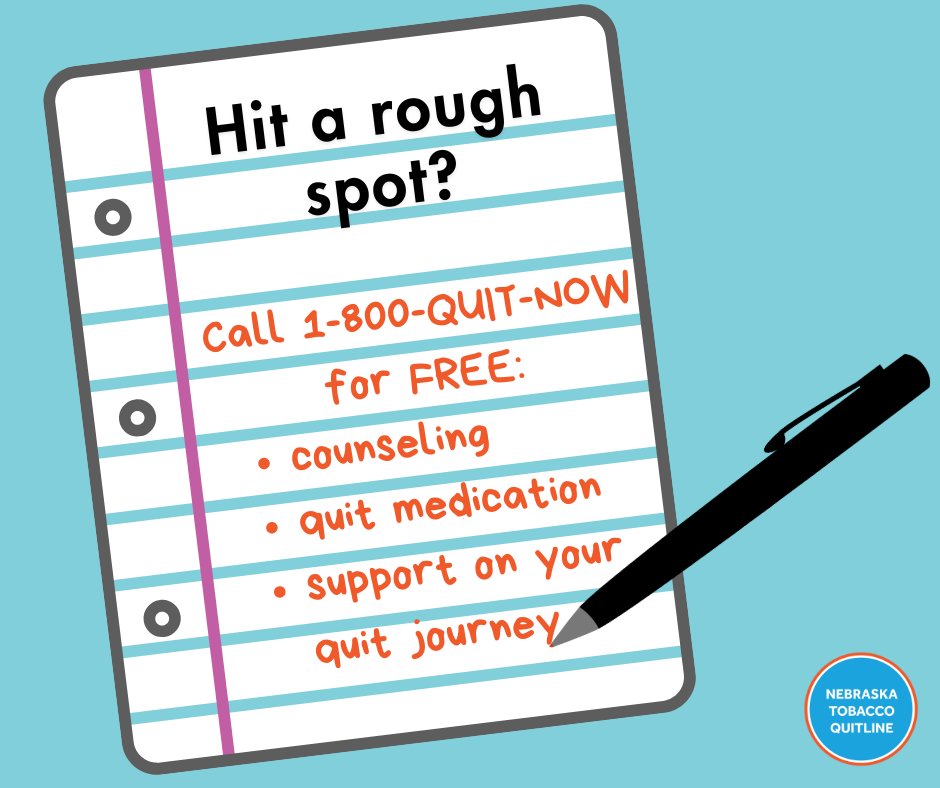 Starting a new, healthy routine can be difficult but keep it up! Eventually, what started as a New Year’s resolution will be your new normal. If you hit a rough spot while quitting, call 1-800-QUIT-NOW.  #QuitTip #NEQuitline