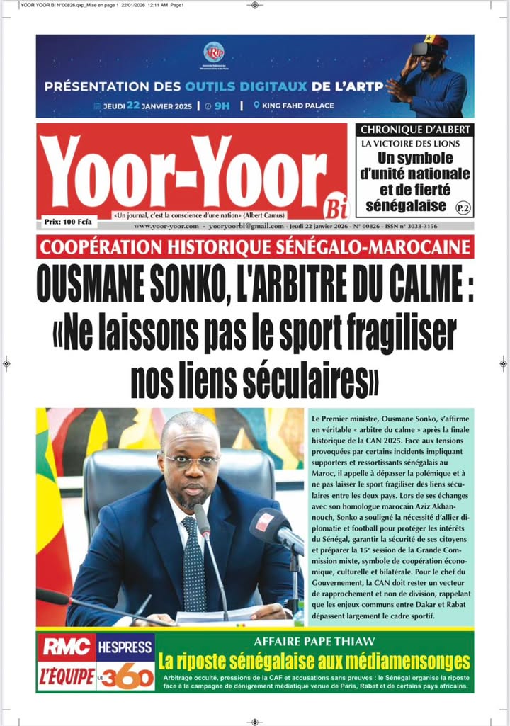 La Une de Yoor-Yoor Bi de ce jeudi 22 janvier 2026
À vos kiosques et bonne lecture!
#Bu_Baax_Bi  #Yoor_Yoor_Bi