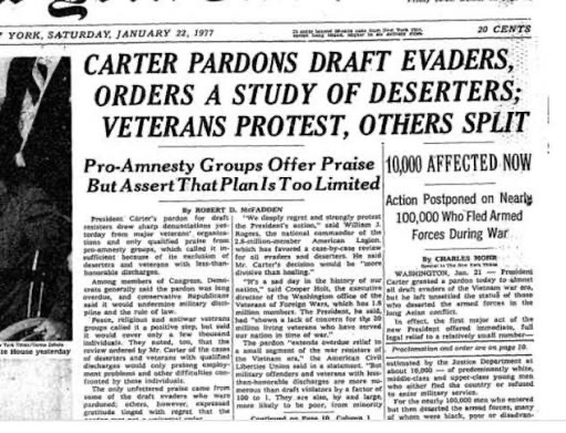 TammiMinoski's tweet image. #OTD 1977: Attempting to heal the enduring domestic strife created by the #VietnamWar, President #JimmyCarter pardoned all civilians who did not register for the draft and those who left the country to avoid service. en.wikipedia.org/wiki/Proclamat… #USHistory