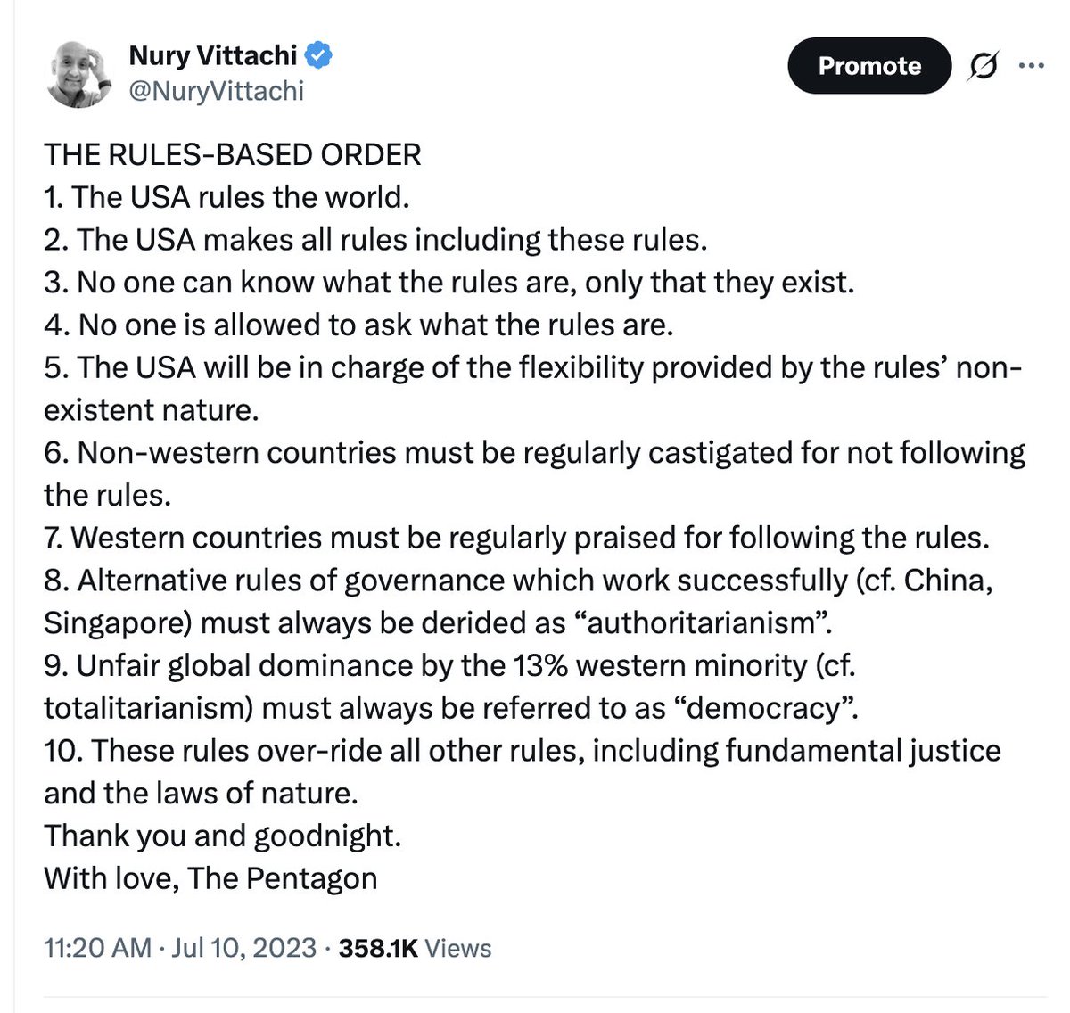 I'm glad Mark Carney has admitted that the "rules-based order" was a fake tool for the US-led west, as I said two and half years ago, when Biden and Blinken were using the phrase almost daily to trumpet their "west must rule the world" agenda