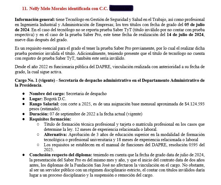 #ATENCIÓN 

Secretaria del presidente <a href="/petrogustavo/">Gustavo Petro</a>, la Sra. Nelfy Melo, nunca presentó las pruebas TyT para obtener su título como tecnóloga, y la Prueba Saber Pro para su dos títulos profesionales fue presentada 9 días después de graduarse. 

Los tres diplomas serían inválidos.