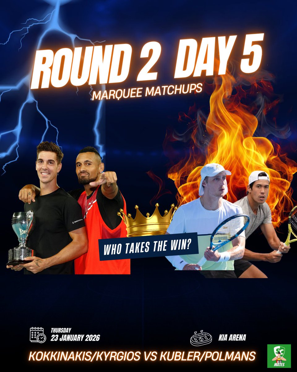 SCMates's tweet image. The hype match of today will definitely be the Kokkinakis/Kyrgios show in the doubles, however there are a few others that should peak your interest throughout day 5 of the #AusOpen 

1. Kokkinakis/Kyrgios vs Kubler/Polmans
2. Shelton vs Sweeny
3. Musetti vs Sonego