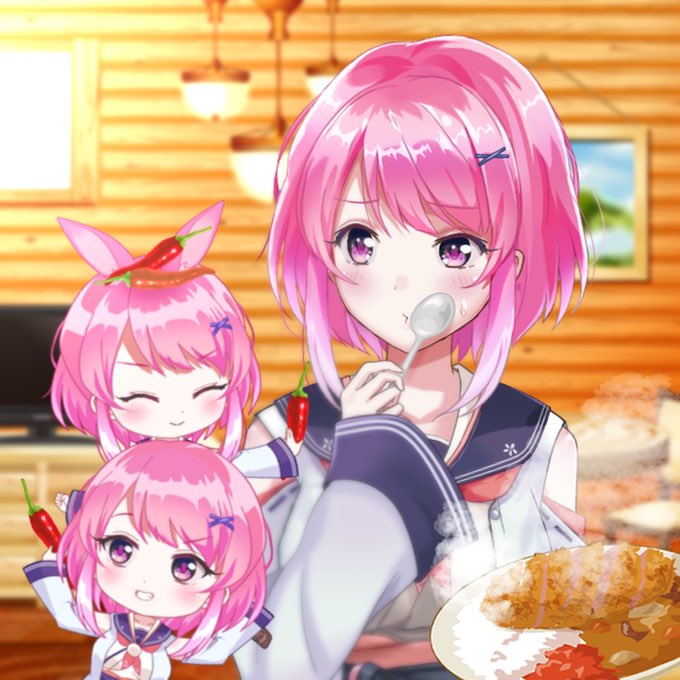 本日もおはよ卯咲です👋
1/22は… #カレーライスの日 #カレーの日 🍛👳🏻‍♂️

それ、全部入れちゃダメだからね☝️🌶🌶🌶

ちびちさとカレーを作った日の写真を載せてみました₍ᐢɞ̴̶̷ ·̮ ɞ̴̶̷ᐢ₎🌸
ちさ組さんには色々トッピング無料サービス！✨

#おはようVtuber
#VTuber好きと繋がりたい