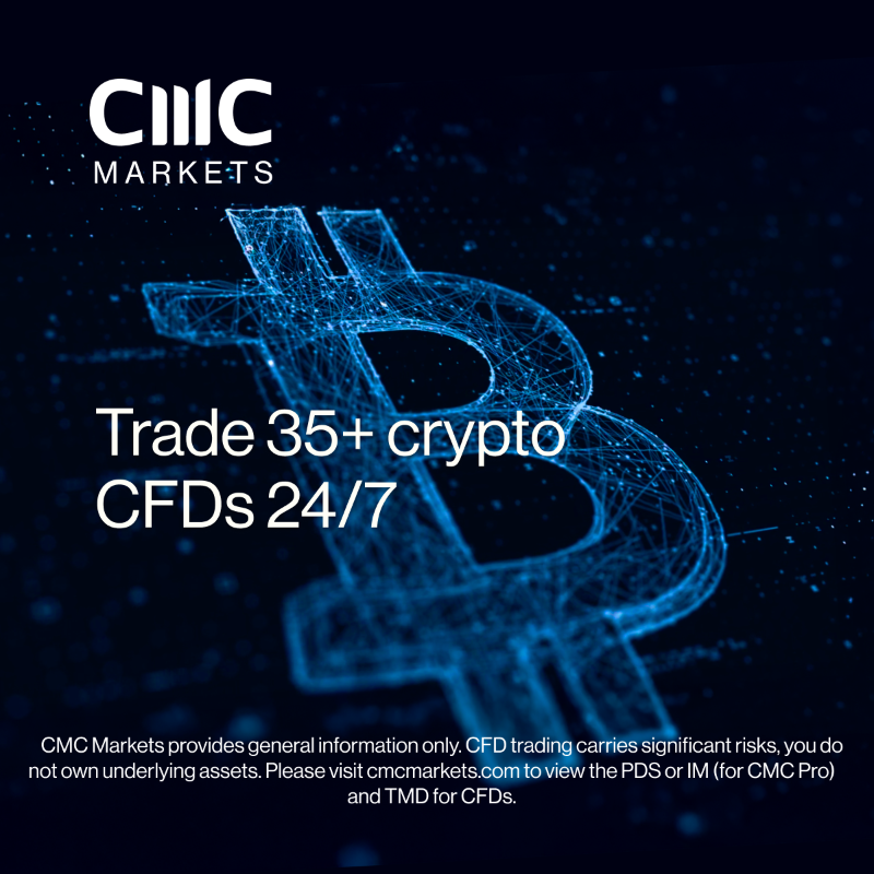 CMCMarketsAusNZ's tweet photo. Trade crypto CFDs anytime anywhere with 24/7 trading on 35+ crypto CFDs and access to tight spreads.