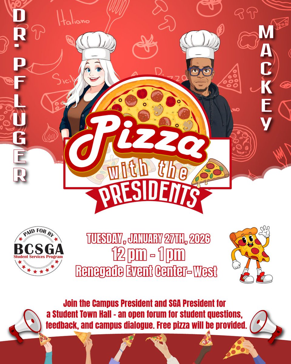 🍕 This one’s for STUDENTS. Pizza with the Presidents is your chance to talk directly with the Campus President &amp; SGA President. Ask questions, share concerns, or just listen in on what’s happening on campus all while enjoying free pizza.
#StudentLife #BC #CollegeStudents