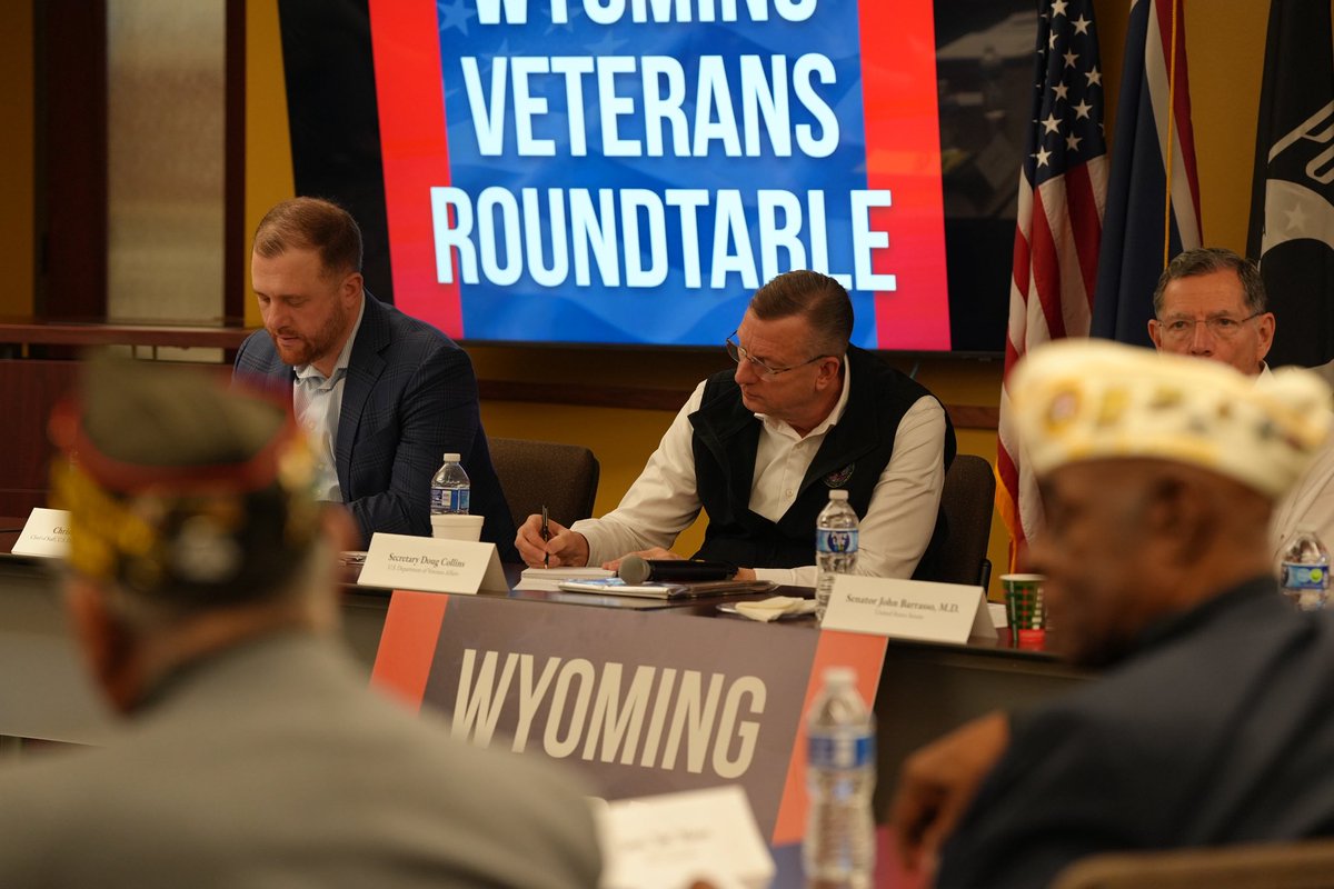 SecVetAffairs's tweet photo. Joined @SenJohnBarrasso today for a town hall with Wyoming Veterans to hear directly from them about the challenges they’re facing. No filters, just an honest conversation about how we can make @deptvetaffairs work better for Veterans. https://t.co/ts8mvHL9UG