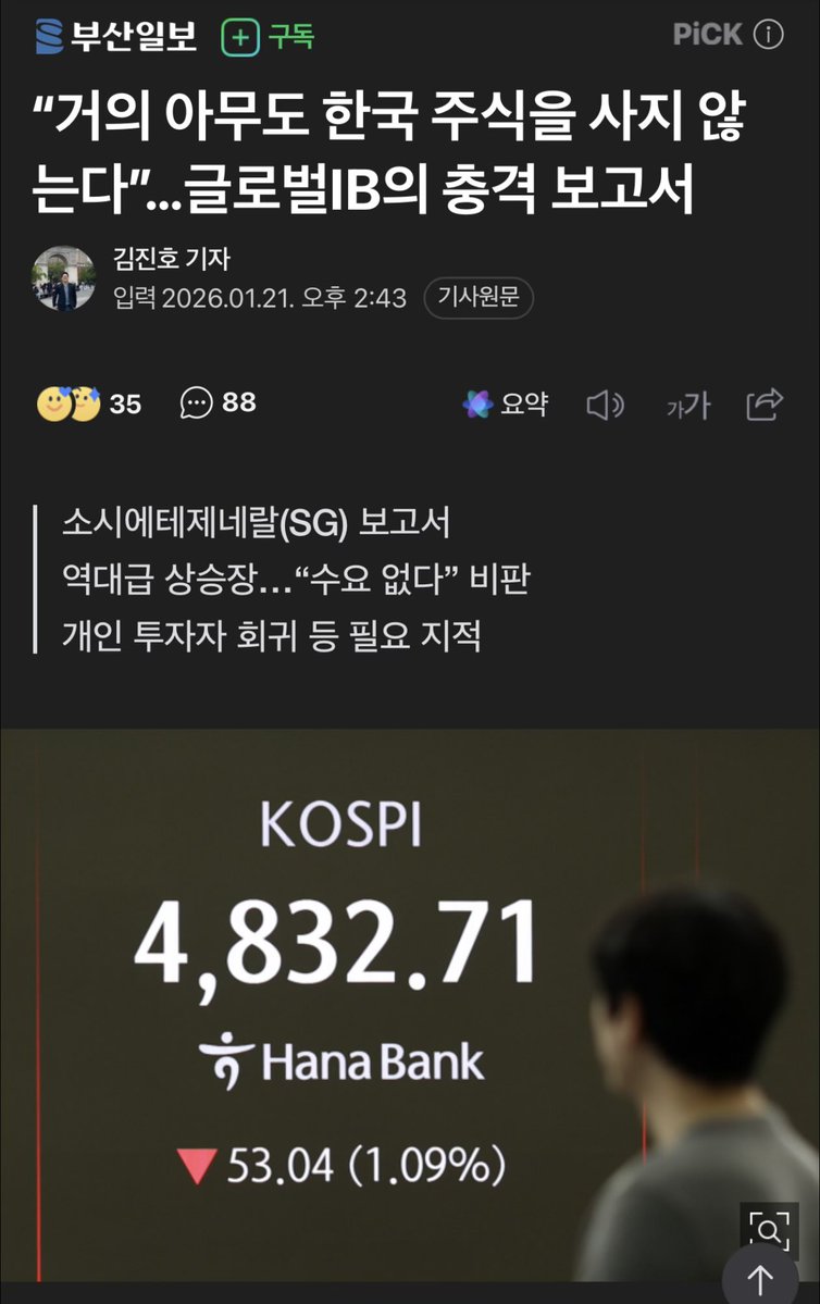 ganziboy11's tweet image. 코스피 5000 환희에 올려드리는 코스피 부정적인 뷰 보고서

저는 숏충이 아님. 국장 보유 중입니다 오해 없으시길

“거의 아무도 한국 주식을 사지 않는다”…글로벌IB의 충격 보고서

증권사 중심의 국내 기관투자자만 순매수에 나서고 있는 만큼 중기적으로 한국 주식에 대한 수요가 매우 낮다는…