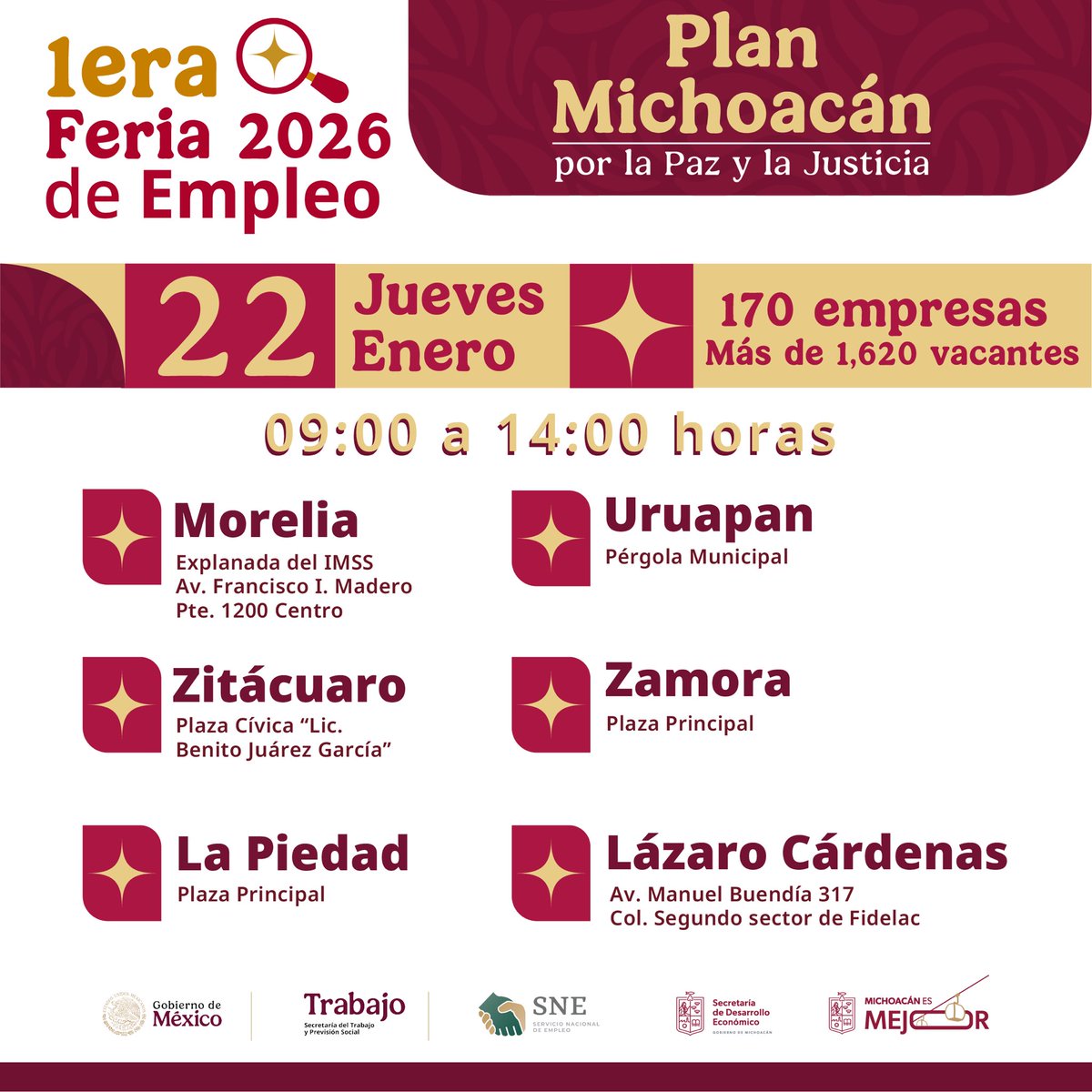 ¿Estás buscando trabajo? Este jueves 22 de enero arrancamos con la primera feria del empleo de 2026 en Michoacán, de forma simultánea en varios municipios, con más de 1,600 vacantes. 

Las puertas están abiertas para quienes desean salir adelante con oportunidades hechas a la