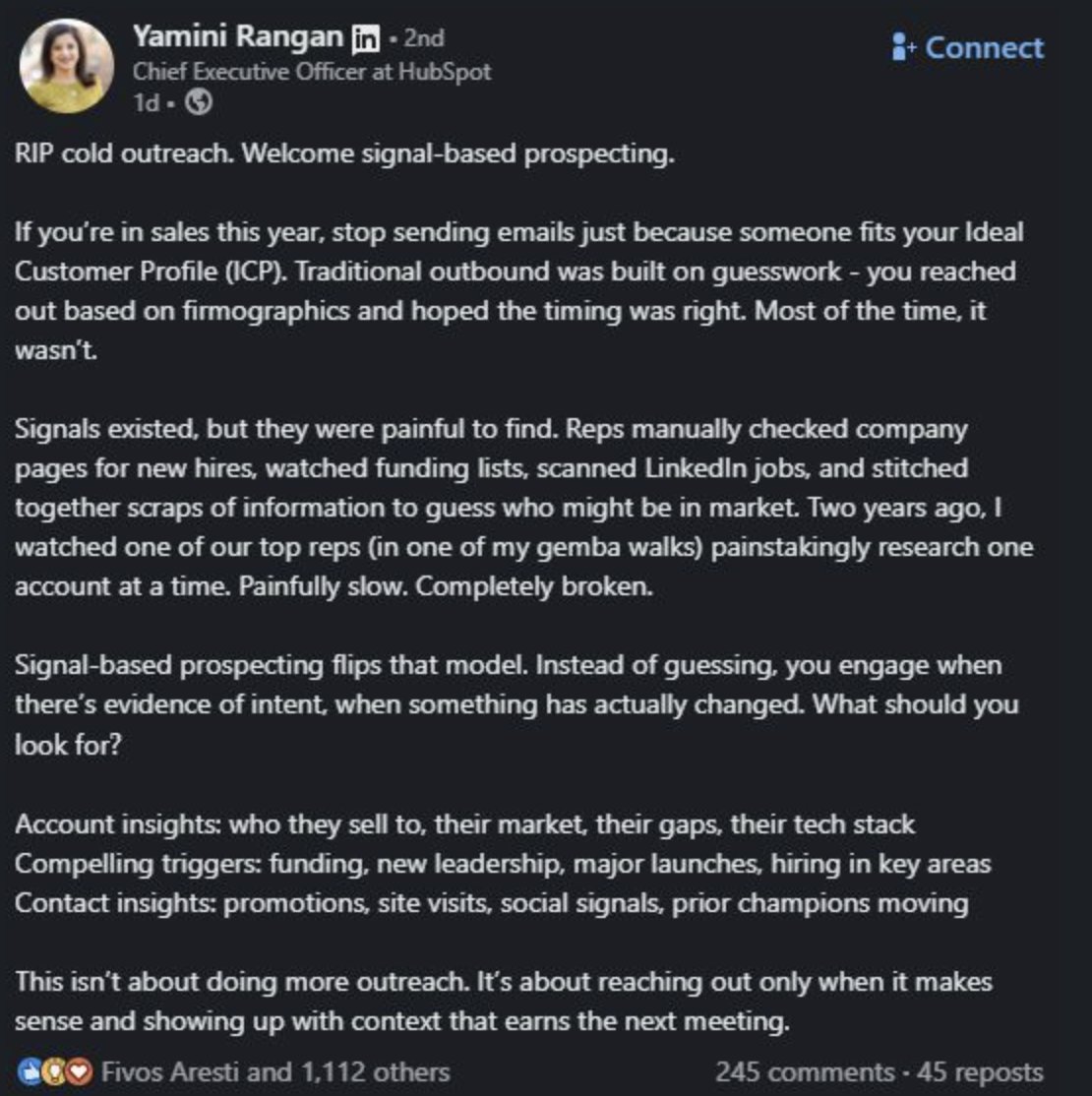 The HubSpot CEO just posted this.

I've been seeing signal based prospecting tips on Twitter (and LinkedIn) for 2-3 years.

When you think you're late, you're actually early.

The bleeding edge lives in your timeline.