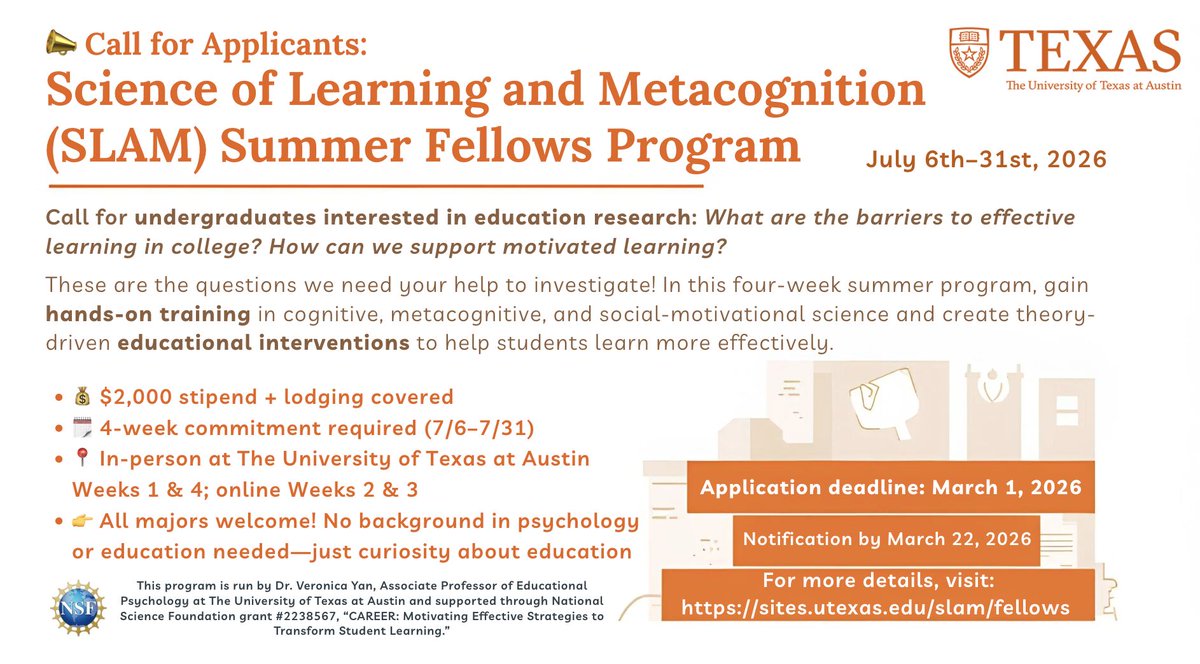 PsychExamReview's tweet photo. Opportunity for undergraduates (any field) who are interested in education research: apply for the Science of Learning &amp; Metacognition Summer Fellows Program at UT Austin! (link in reply) https://t.co/utYonrHxF7
