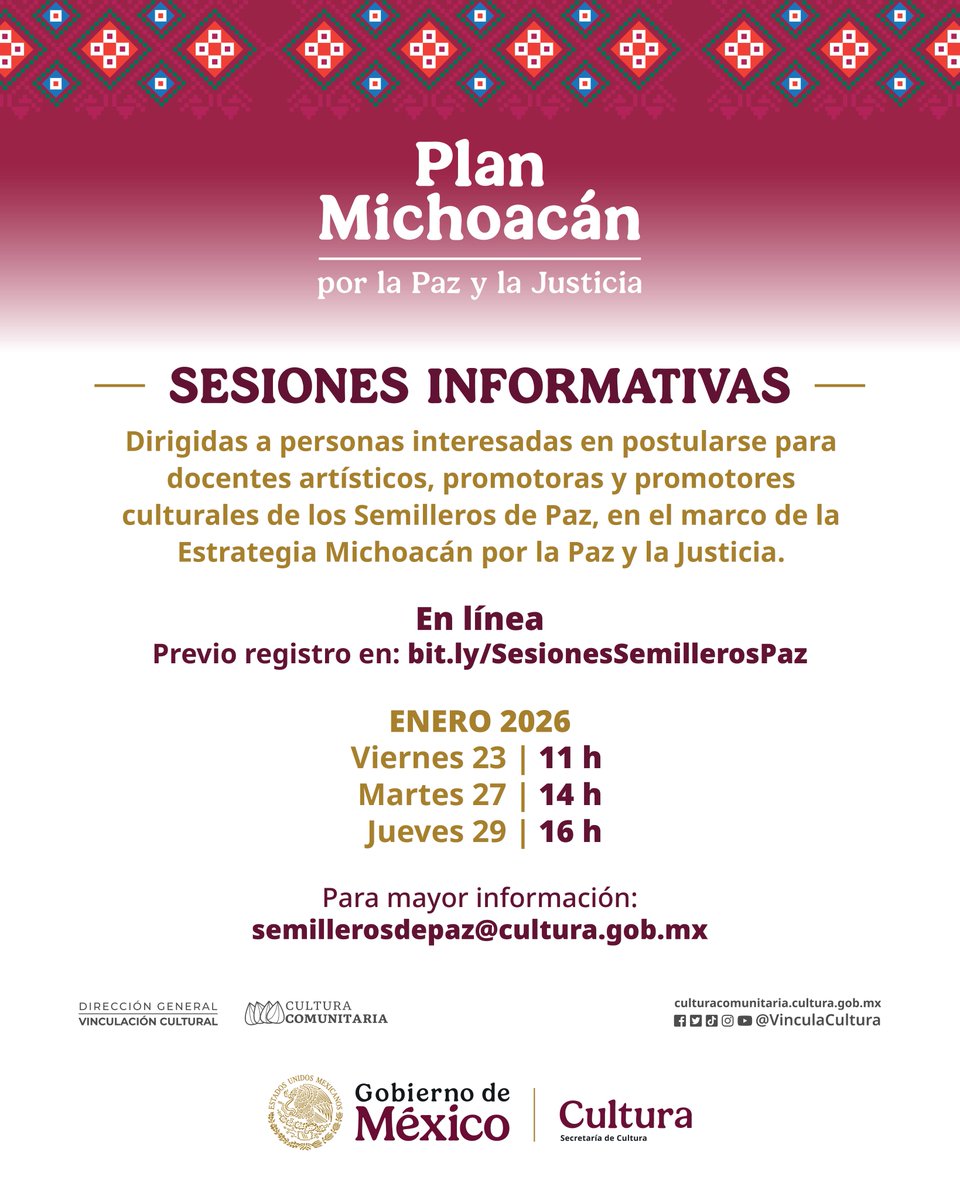 VinculaCultura's tweet photo. 🔹 La @cultura_mx del Gobierno de México, a través del programa #CulturaComunitaria, te invita a  asistir a las charlas informativas  para formar parte de los #SemillerosDePaz que se instalarán en el marco del Plan Michoacán por la Paz y la Justicia.

👉🏼 https://t.co/WOSMbJIui2 https://t.co/O711eEc91B