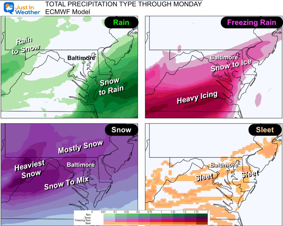 JustinWeather's tweet photo. Weekend Winter Storm Update
💻🇪🇺 These images are the European Model which is slightly colder than the Canadian I showed you earlier.
Both have been showing what I mentioned for two days: 

👉A Sunday Transition to Ice in 'parts' of our region... 
Plotting where that ice reaches is one reason a snow total can't be made.
✈️ Data tonight with additional support from hurricane hunters will bring us to the prime window of detailed forecasting on Thursday.

⚠️ Winter Storm Watch will be issued when 48 hours away form the storm. 

✅  These are the main points with High Confidence
SUNDAY = An ALL DAY High Impact Storm.
❄️ Snow will begin 10 PM Sat to 3 AM Sun.
💪 ❄️ Snow will be heavy Sunday Morning 
🚜 This will be a Plowing Snow and plenty to shovel!
🌡️ Temps then will be mostly in the 10s.
📏 Ratios may be very high with Light FLUFFY snow! That means we can get more snow pile up than normal with the same amount of moisture. It will be easy to push around AND extra slippery.
🚫🧂 Regular salt will not work well in these temps.

 ⏰ Mid Day to Afternoon:
‼️ 🧊 Snow will change to Sleet and Freezing Rain: Most of Virginia, Southern Maryland and Delmarva.
Ice ON TOP Of Snow 

🧐 Some areas will STAY SNOW 
🧊 🌧️  Southern Areas Turn to Sleet or Freezing Rain while temperatures remain in the Mid 20s or colder. 
Warmer air will be moving up near cloud level to lead to that icy mix.
❓The Icy Mix will likely reach along the I-95 corridor. This Euro has it stop there. The Canadian brings it into PA.  That can make or break the Big Boom Totals. 

🌀 This Storm May Become A Miller B. This means the original Low in Ohio will transition to the coast and redevelop. 
During that time we can see warm air expand north before the Coastal Low takes over...

⏰ The Storm will END by Monday morning, but clean up will take long.
🌡️ Temperatures are expected to remain in the mid 20s in metro areas and colder north.

🌀 💧 TOTAL WATER EQUIVALENT: Between 1 and 2 inches will make this the largest local event since October 30!

I will have a full update on Thursday morning, then work on my First Call For Snowfall.
I want snow as much as anyone AND I want to be meticulous to give you the best idea of what you can expect. The is not always the biggest number you can find online. I hope it's close to the most realistic.

Faith in the Flakes
- Justin 

🔗 If you missed my earlier report, see it here: https://t.co/7SZuJmmJYD