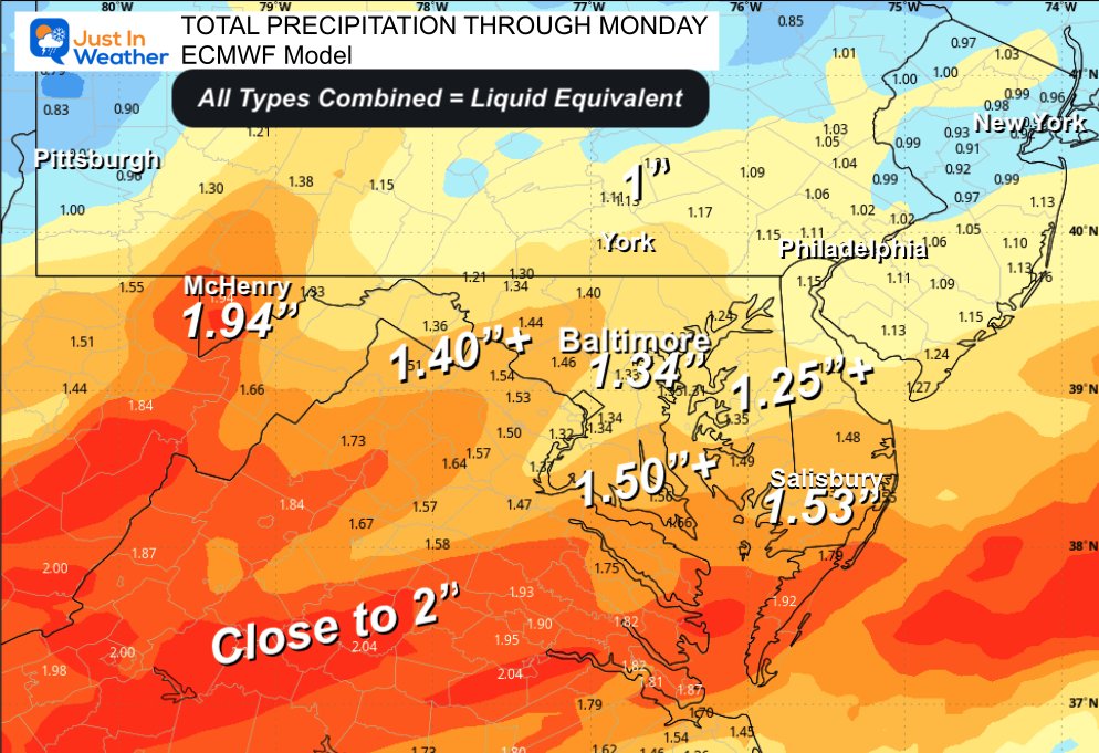 JustinWeather's tweet photo. Weekend Winter Storm Update
💻🇪🇺 These images are the European Model which is slightly colder than the Canadian I showed you earlier.
Both have been showing what I mentioned for two days: 

👉A Sunday Transition to Ice in 'parts' of our region... 
Plotting where that ice reaches is one reason a snow total can't be made.
✈️ Data tonight with additional support from hurricane hunters will bring us to the prime window of detailed forecasting on Thursday.

⚠️ Winter Storm Watch will be issued when 48 hours away form the storm. 

✅  These are the main points with High Confidence
SUNDAY = An ALL DAY High Impact Storm.
❄️ Snow will begin 10 PM Sat to 3 AM Sun.
💪 ❄️ Snow will be heavy Sunday Morning 
🚜 This will be a Plowing Snow and plenty to shovel!
🌡️ Temps then will be mostly in the 10s.
📏 Ratios may be very high with Light FLUFFY snow! That means we can get more snow pile up than normal with the same amount of moisture. It will be easy to push around AND extra slippery.
🚫🧂 Regular salt will not work well in these temps.

 ⏰ Mid Day to Afternoon:
‼️ 🧊 Snow will change to Sleet and Freezing Rain: Most of Virginia, Southern Maryland and Delmarva.
Ice ON TOP Of Snow 

🧐 Some areas will STAY SNOW 
🧊 🌧️  Southern Areas Turn to Sleet or Freezing Rain while temperatures remain in the Mid 20s or colder. 
Warmer air will be moving up near cloud level to lead to that icy mix.
❓The Icy Mix will likely reach along the I-95 corridor. This Euro has it stop there. The Canadian brings it into PA.  That can make or break the Big Boom Totals. 

🌀 This Storm May Become A Miller B. This means the original Low in Ohio will transition to the coast and redevelop. 
During that time we can see warm air expand north before the Coastal Low takes over...

⏰ The Storm will END by Monday morning, but clean up will take long.
🌡️ Temperatures are expected to remain in the mid 20s in metro areas and colder north.

🌀 💧 TOTAL WATER EQUIVALENT: Between 1 and 2 inches will make this the largest local event since October 30!

I will have a full update on Thursday morning, then work on my First Call For Snowfall.
I want snow as much as anyone AND I want to be meticulous to give you the best idea of what you can expect. The is not always the biggest number you can find online. I hope it's close to the most realistic.

Faith in the Flakes
- Justin 

🔗 If you missed my earlier report, see it here: https://t.co/7SZuJmmJYD