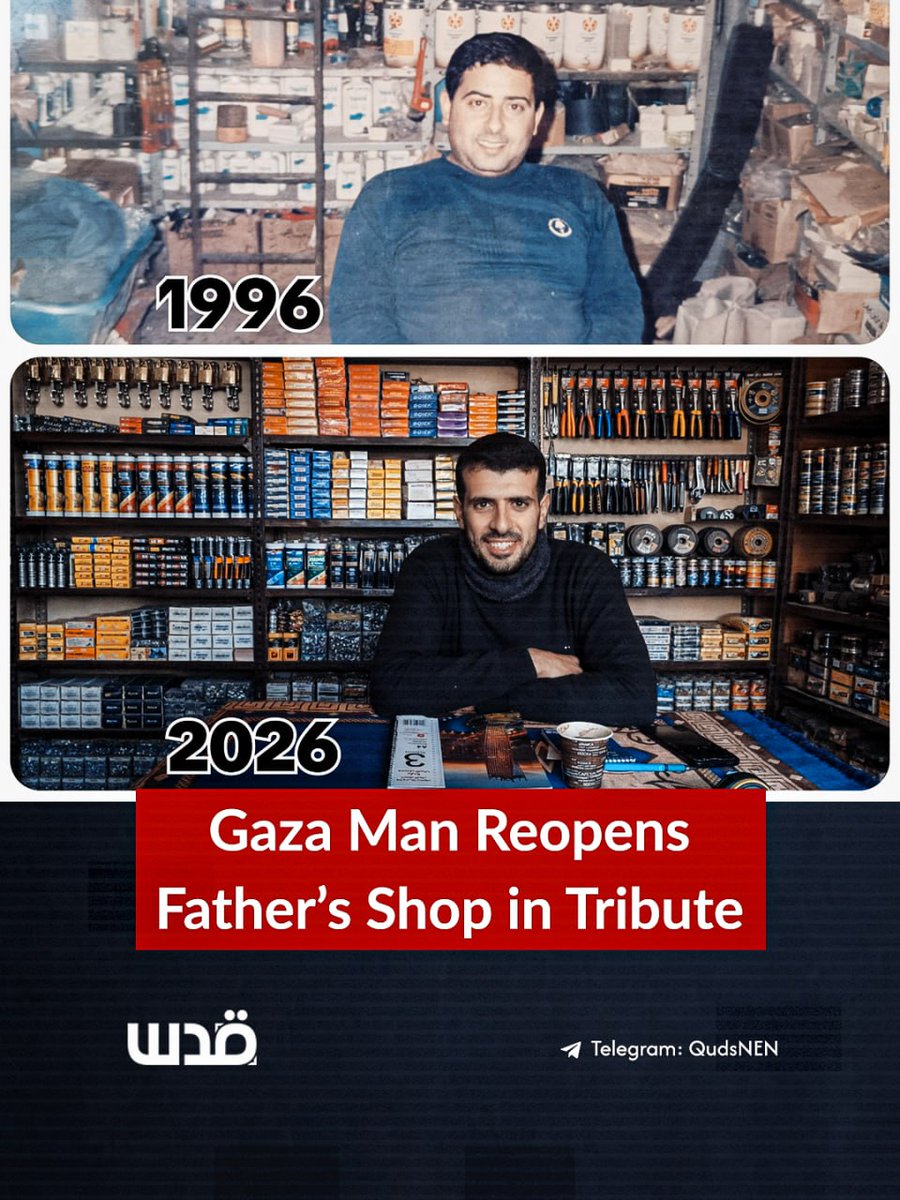 QudsNen's tweet image. Despite being an English teacher, Palestinian Mohammed Halabi from Jabalia in northern Gaza has reopened his father’s shop selling tools and building materials, months after his father was killed in the genocidal war.

This is both to honor his memory and keep his name alive in…