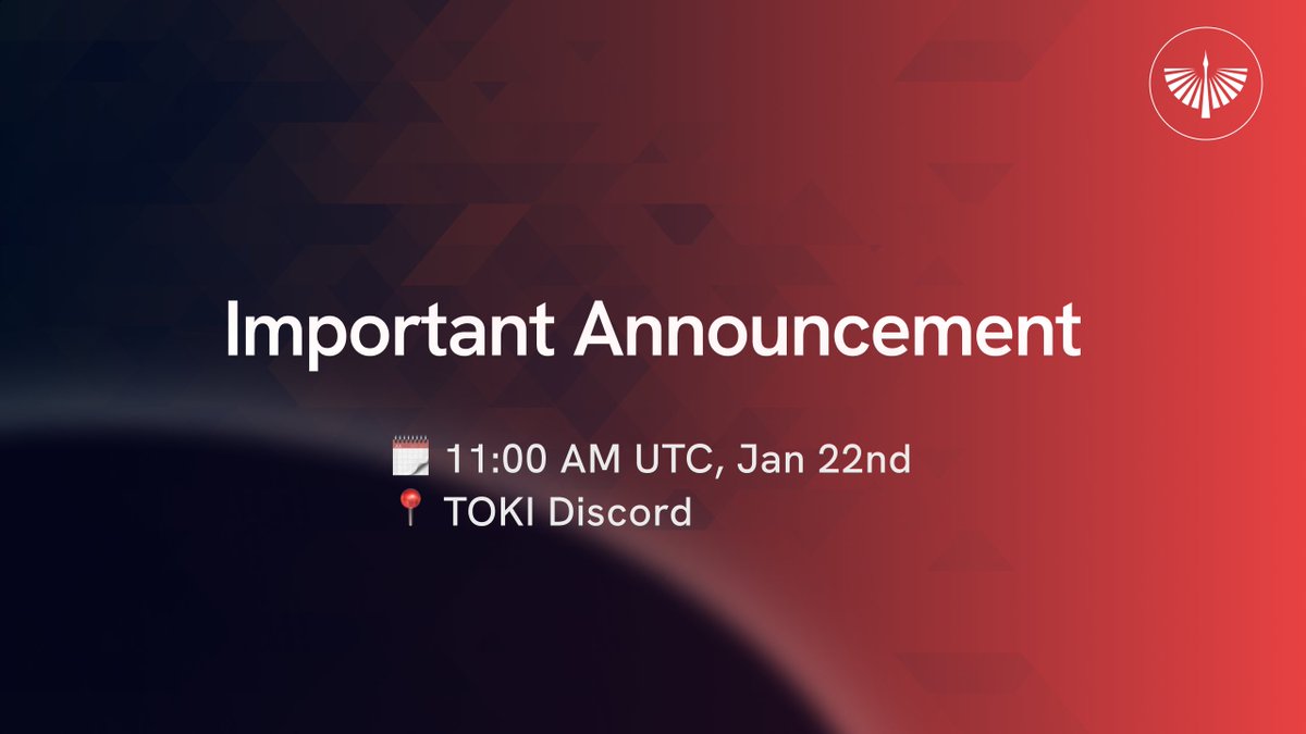 tokifinance's tweet photo. We’re holding an important announcement session today.

Daiki (Founder) and Pete (Product Manager) will be joining to share a key update on the TOKI ecosystem.

📅 Jan 22, 11:00 AM UTC
📍 TOKI Discord, https://t.co/GDiMuGJE1b

See you in the session. https://t.co/TPjYgfZsoT