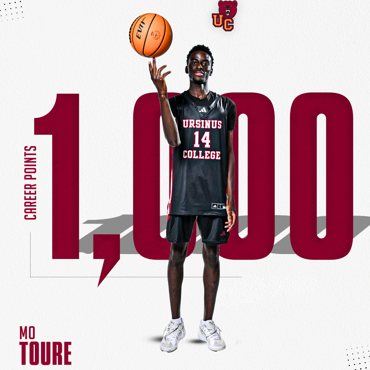 ucathletics's tweet photo. Coast to Coast for No. 1,000! Congratulations to Mo Toure on becoming the 32nd Player in @UrsinusMBB history to reach 1,000 career points! #UpTheBears https://t.co/t9iNwzH41F