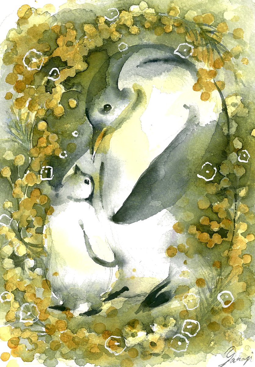 植物に囲まれた寝室とペンギンの親子 #透明水彩 #水彩画 #art #watercolor