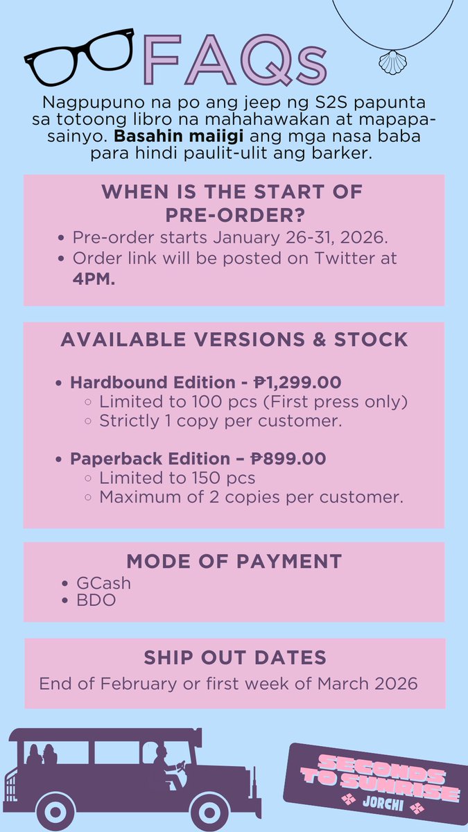 cgsaurus's tweet image. Hello, hello! Seconds to Sunrise will be up for pre-order very soon ☀️

Pakibasa na lang yung details. Hihi. Pag nag squint kayo, nandoon ako sa paa ng driver, umiiyak.

DM if you have questions. :)) Might reply late because I'm at work.