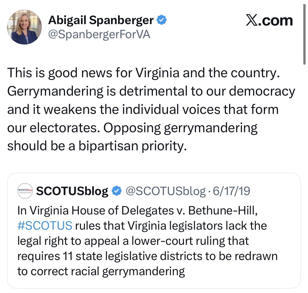 🚨🚨🚨Newly resurfaced post shows Abigail Spanberger calling gerrymandering “detrimental to our democracy.” 

Now Fake Moderate Abby says she’s “100%” behind Democrats’ gerrymandering crusade in Virginia.