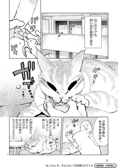 【1/22更新】
✨SNSで話題!猫と人間のちょうどいい同居生活エッセイ ✨

『ねこのニヤ』
第3話 ねこと魚と口臭と
https://t.co/LkKHPULXa7

爪切りに歯磨き🪥ねこのケアも飼い主の義務である!
甘噛みだけで爪は立てない、ニヤはとっても良い子😊💕 