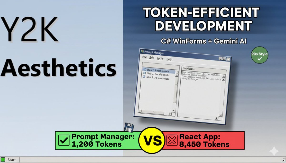Build a Windows 2000-style desktop application (C# WinForms) that  manages AI prompts and integrates with Gemini API—demonstrating  token-efficient development principles in practice.

Live on youtube: youtube.com/live/Ad-c00cfj…