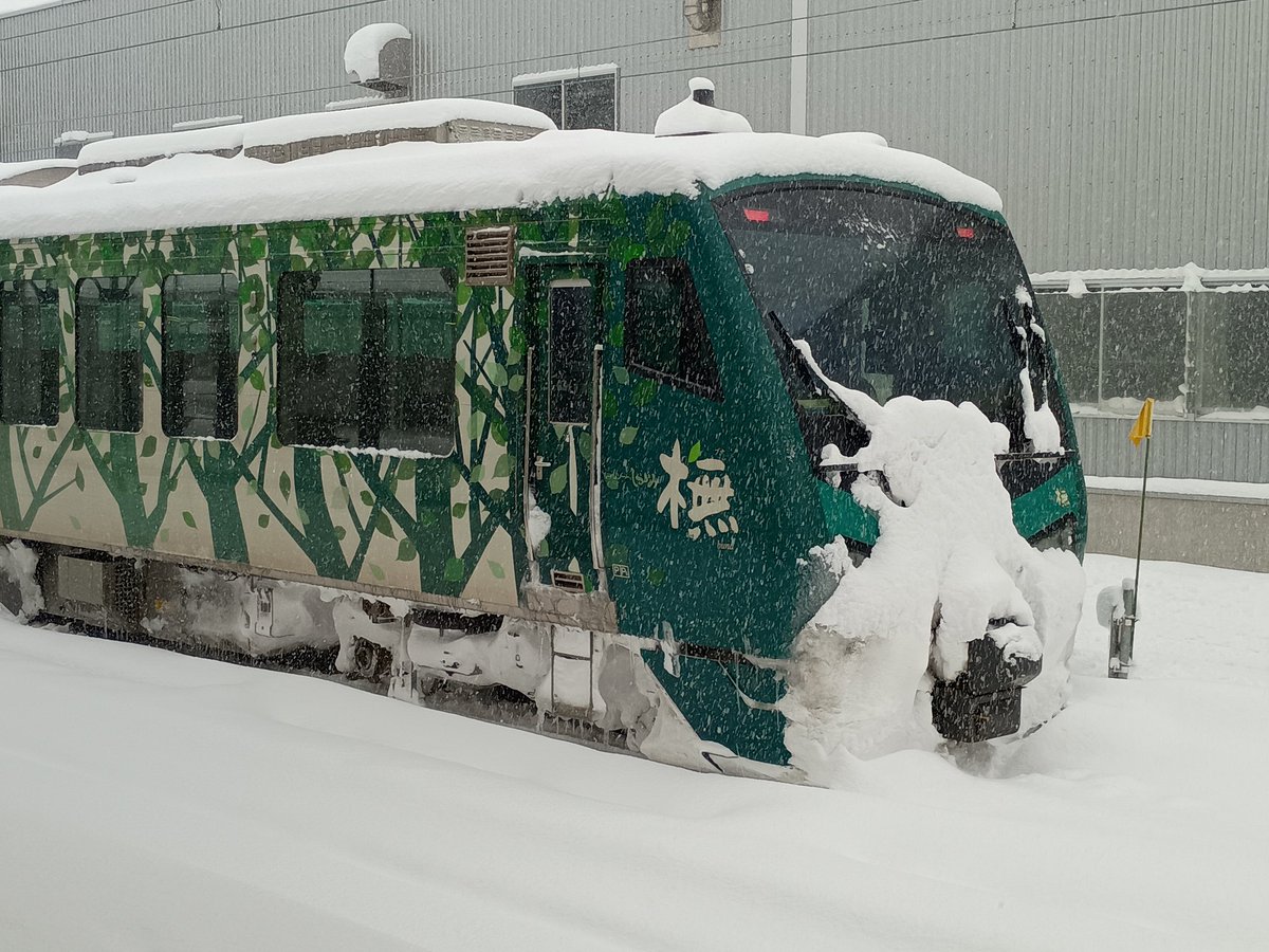 RailfanGuide's tweet image. 急に思い立って、青森空港降りて、五能線に乗ろうと来たらとんでもない雪。あちこち運休だらけ。
リゾートしらかみをスマホで撮ると、目に見える位の雪がふってる。まあ、このような珍しい写真が撮れたからいいかな。