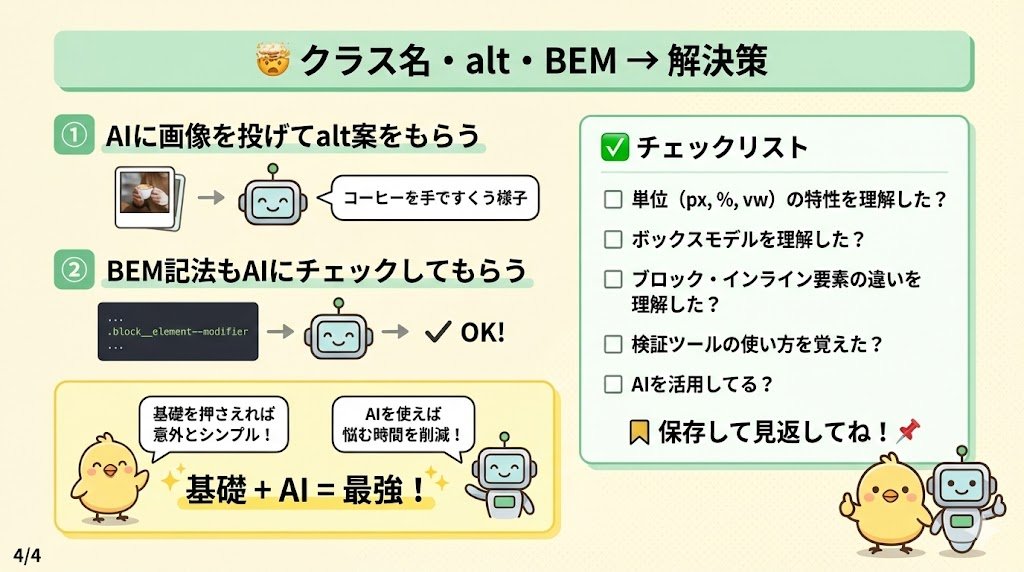 私がコーディング初心者の頃悩んでたこと🥹

・レスポンシブで崩れる
・CSSが思った通り効かない
・クラス名やaltが思い浮かばない
・BEM記法が正しいかわからない

悩んで沼って、どれだけの時間を溶かしただろう🫠

解決策をまとめると👇

✅ 崩れる対策
①CSSの単位（px, %, vw）の特性を学ぶ