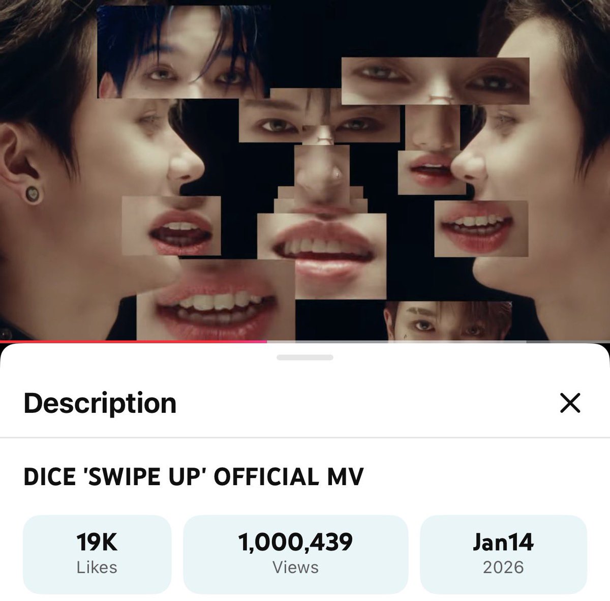 สะใจวะ swipe up ได้ 1M Views ภายใน 7 วัน 14 ชั่วโมง ถือว่าเปิดศักราชใหม่ของ dice มาได้ดีมาก ทั้งแฟนคลับ แฟนเพลง มักเกิ้ลโดนตกจริงๆ แถม dice ทีม dice ยังขยันมาเล่นเพลงตัวเอง 10M Views ไม่ไกลเกินเอื้อม 1 เดือนเราจะได้กี่ล้าน มาดูกัน สะใจอะ

CONGRATS 1M SWIPE UP 
#DICE_SWIPEUP_1M