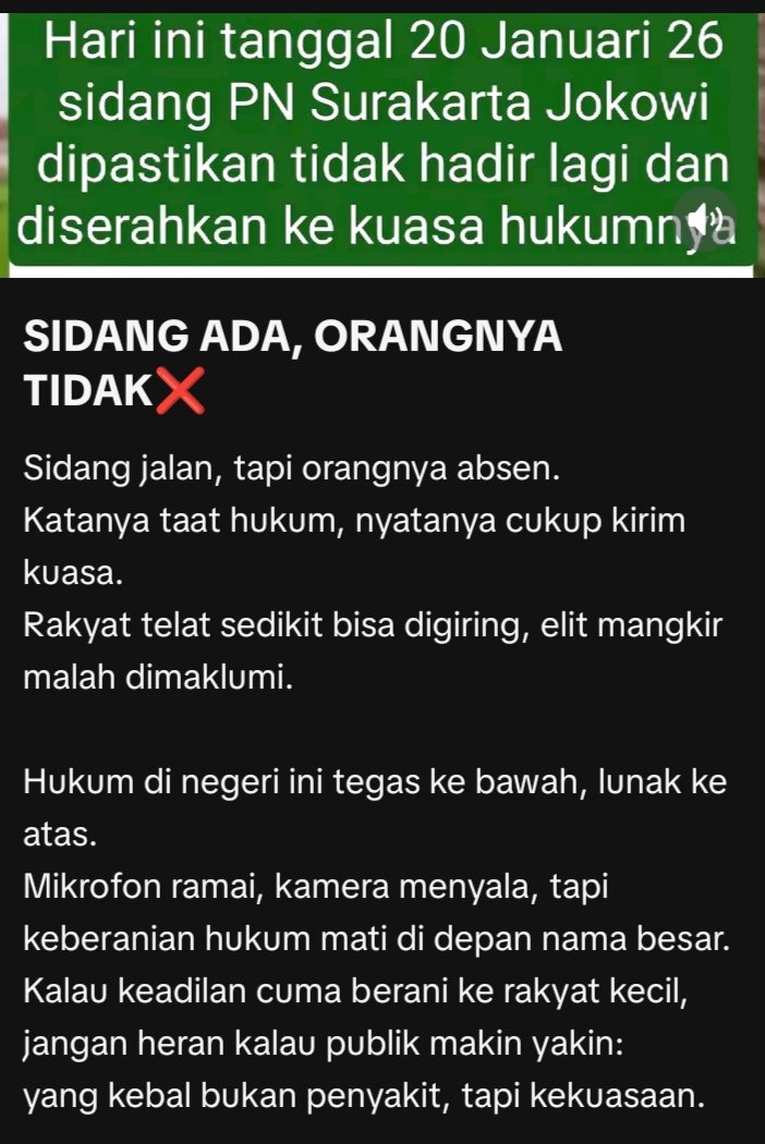 Hukum di Indonesia hanya berlaku untuk rakyat kecil yg memjadikan presiden, DPR, DPD, Hukum tidak berlaku untuk penguasa.
<a href="/prabowo/">Prabowo Subianto</a> <a href="/DPR_RI/">DPR RI</a> <a href="/mprgoid/">MPR RI</a> <a href="/KejaksaanRI/">Kejaksaan RI</a> bisa jadi th ini akan ada sunami yg menghancurkan negara Indonesia sesuai ramalan Prabowo, indonesia bubar th 2030