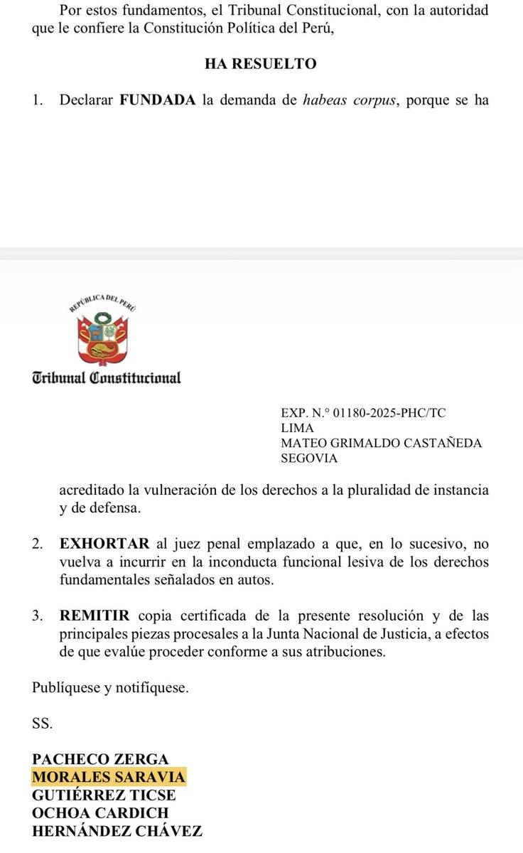 No solo una, sino dos sentencias. Francisco Morales también votó a favor de la demanda de su exabogado Mateo Castañeda contra el juez Richard Concepción Carhuancho. El fallo ordena a la JNJ evaluar el inicio de un proceso disciplinario. Gravísimo