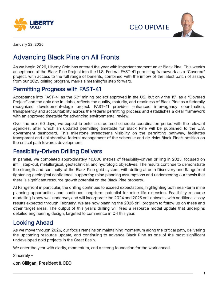 LibertyGoldCorp's tweet image. FAST-41 acceptance and strong feasibility drilling mark a pivotal start to 2026 for Black Pine.
CEO Jon Gilligan shares how permitting clarity and resource momentum are advancing the project along the critical path.