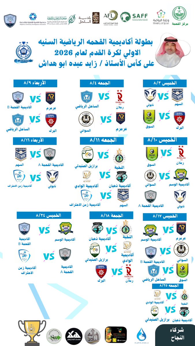 KesRtb's tweet photo. جدول بطولة أكاديمية القحمه الرياضية السنيه الاولي لكرة القدم لعام 2026 على كأس الأستاذ زايد عبده ابو هداش https://t.co/2PEW9IqSte