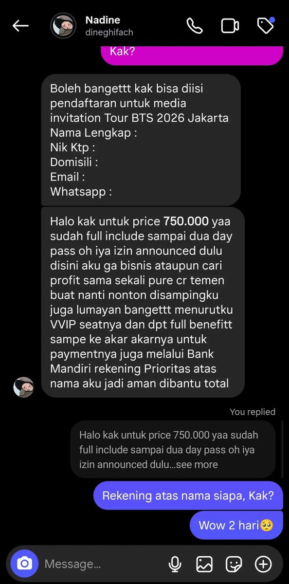 Mycookymochie's tweet image. HATI-HATI YANG SUKA FOMO, KALIAN LAGI DIINCER SAMA NADINE! 

Ini scammer apa aja disikat. Semua yang lagi booming dia jualin. Dari iphone, tiket pesawat, tiket konser, sampe raket padel. 

Nama depannya selalu NADINE, nama belakangnya diubah-ubah terus setiap