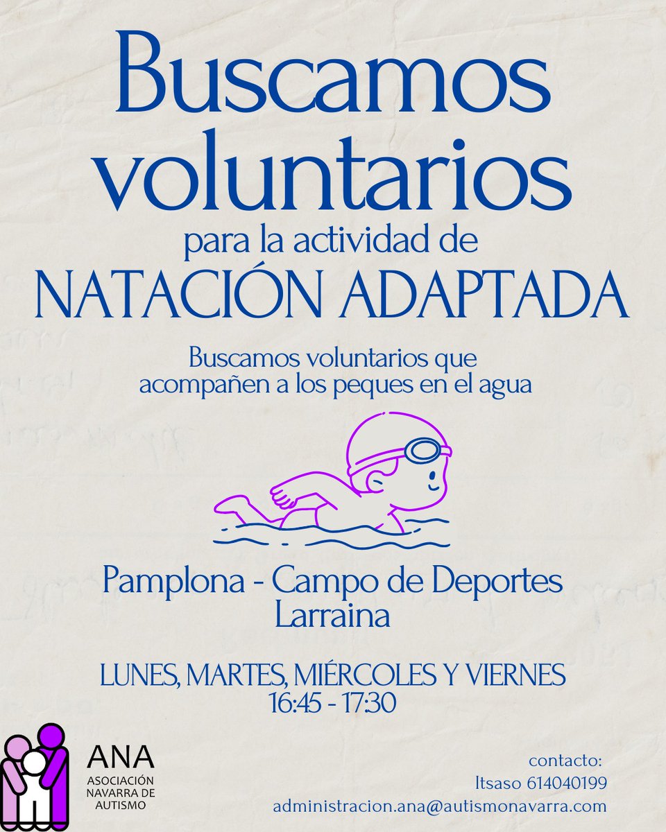 En ANA buscamos personas voluntarias para natación adaptada, una actividad inclusiva que ofrece apoyo y acompañamiento. 

📅Lunes, martes, miércoles y viernes

⏰16:45 a 17:30

📩administracion.ana@autismonavarra.com

📞ITSASO - 614 04 01 99

¡Todo apoyo es agradecido!💙