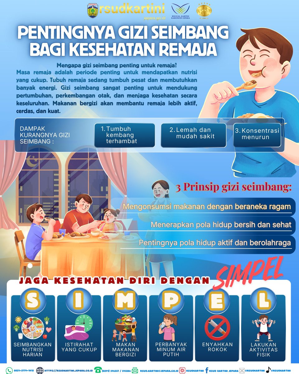 Gizi seimbang berperan penting dalam mendukung tumbuh kembang dan kesehatan remaja. Mari terapkan pola makan bergizi, gaya hidup bersih, dan aktivitas fisik secara rutin demi generasi yang sehat, cerdas, dan kuat.

#RSUDRAKartiniJepara
#RSUDKartiniJepara
#JeparaSehat