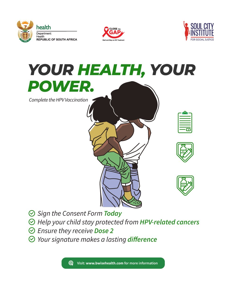 SoulCity_SA's tweet image. Protect her future. Protect your future. 
HPV vaccination = prevention.
Don’t wait. Find your clinic now: bwisehealth.com/clinic-locator

#CervicalCancerPreventionWeek #NDOH #Bwise #ProtectOurGirls #GBVF365