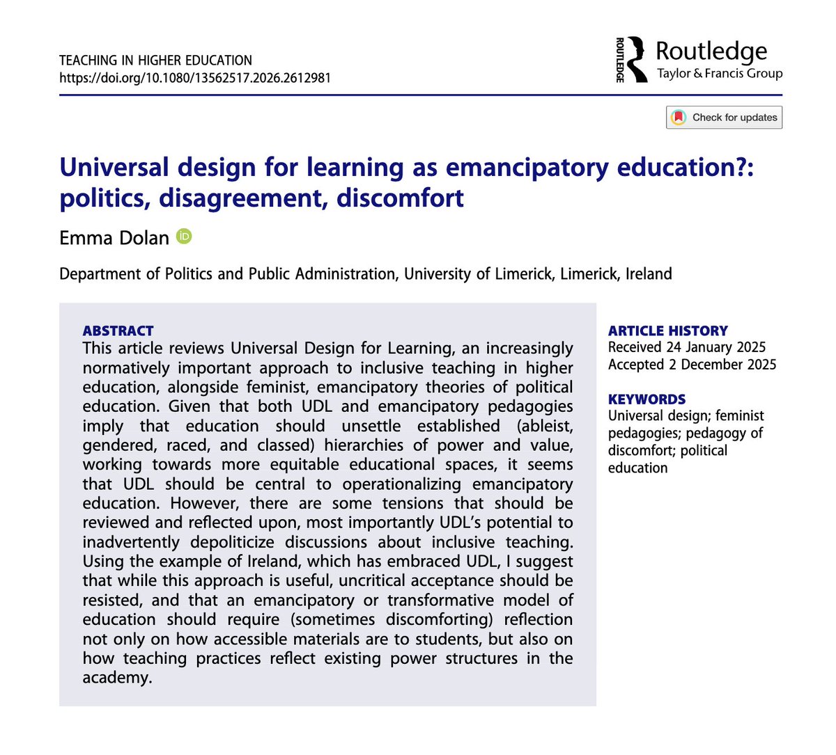 TeachinginHE's tweet photo. New publication alert! 🚨 

Universal design for learning as emancipatory education? Politics, disagreement, discomfort  By Emma Dolan

By Emma Dolan

https://t.co/S7PgzbxXTI

#HigherEducation #UniversalDesign #UniversalDesignForLearning #UDL https://t.co/Wp7glhIs5F