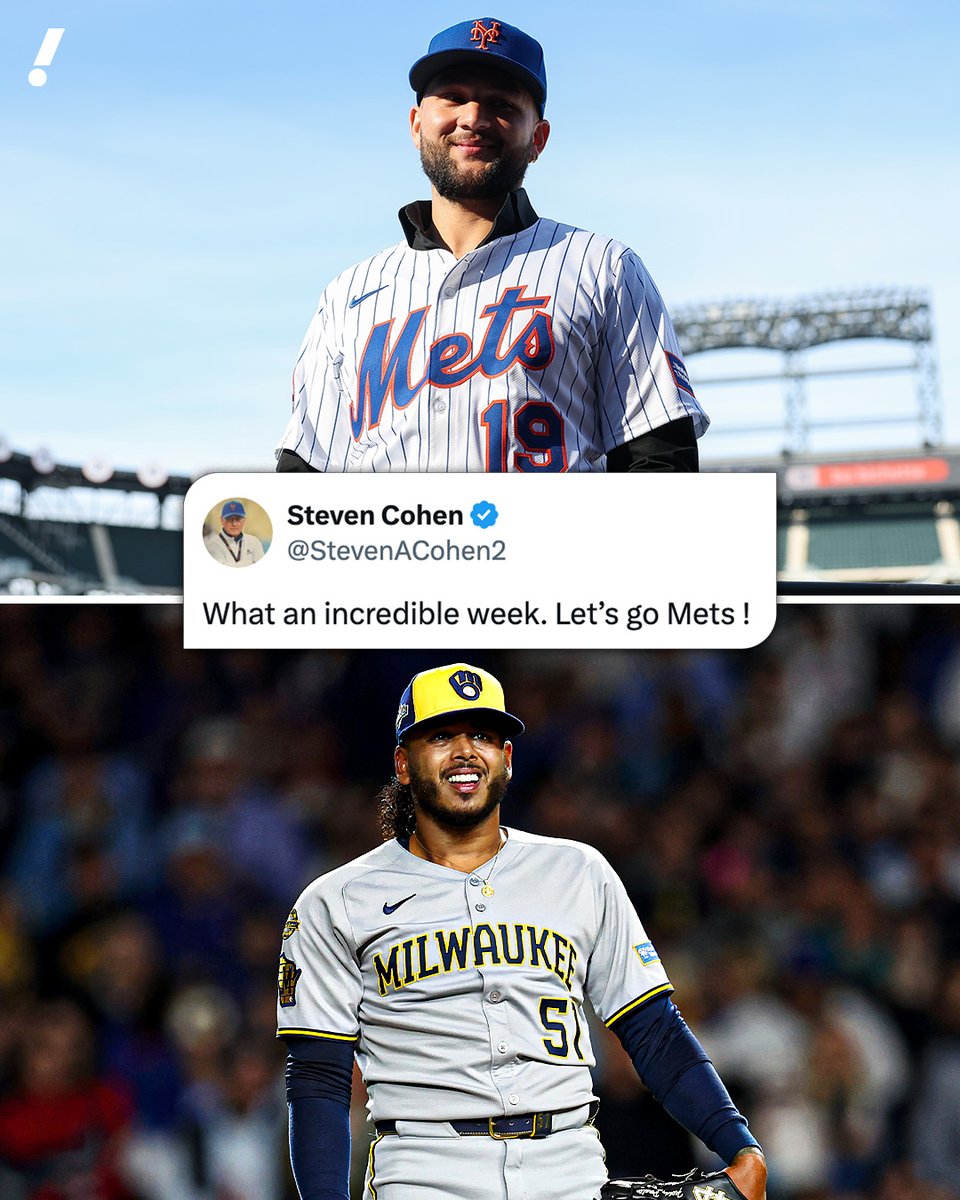YahooSports's tweet photo. What a week to be a Mets fan 🔥

Jan. 21 - Traded for Freddy Peralta and Tobias Myers
Jan. 20 - Signed free agent Bo Bichette
Jan. 20 - Traded for Luis Robert Jr. https://t.co/lf0QUZy3Si