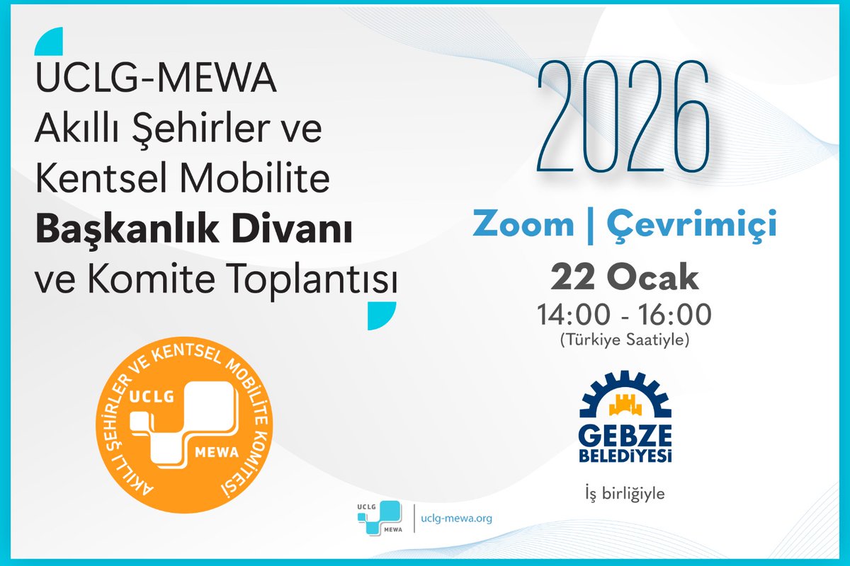 UCLGMEWAorg's tweet photo. 📢 Happening Today!
The UCLG-MEWA Committee on Smart Cities & Urban Mobility (CSCUM) Presidency Meeting, in collaboration with @gebze_belediye , is taking place today, 22 January, at  2 PM (Türkiye time), online via Zoom. 

🏙️🚲 The meeting will address smart cities, urban mobility and low-carbon mobility solutions.

🔗 Join us: https://t.co/XmGgTNDXKq

We look forward to your participation.
#UCLGMEWA #SmartCities #UrbanMobility #SUMP

يُعقد اليوم!

سيعقد اليوم 22 كانون الثاني/يناير اجتماع الهيئة الرئاسية للجنة المدن الذكية والتنقل الحضري التابعة لمنظمة UCLG-MEWA عن بعد عبر منصة Zoom، بالتعاون مع بلدية جبزة.

🏙️🚲 سيتناول الاجتماع محاور خطة التنقل الحضري المستدام والمدن ذات الحياد الكربوني.

 رابط الاجتماع في تمام الساعة 2 ظهرا بتوقيت تركيا: https://t.co/XmGgTNDXKq

📢 Bugün Gerçekleşiyor!

UCLG-MEWA Akıllı Şehirler ve Kentsel Mobilite Komitesi (CSCUM) Başkanlık Toplantısı, Gebze Belediyesi iş birliğiyle bugün, 22 Ocak saat 14.00'da, Zoom üzerinden çevrimiçi olarak gerçekleştirilecektir.

🏙️🚲 Toplantıda akıllı kentler, kentsel hareketlilik ve düşük karbonlu hareketlilik çözümleri ele alınacaktır.

🔗 Katılım için: https://t.co/XmGgTNDXKq

Katılımınızı bekliyoruz.